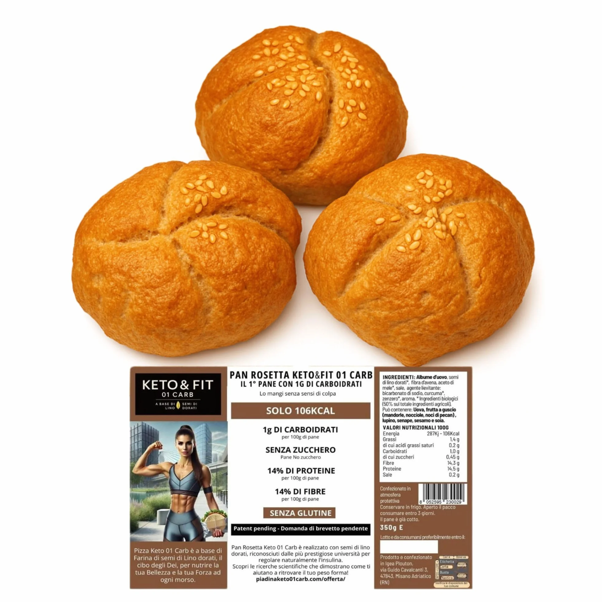 Pane KETO 01 CARB, il 1° Pane con 1g di Carboidrati, 4 Confezioni di 3 Pan Rosette da 120g