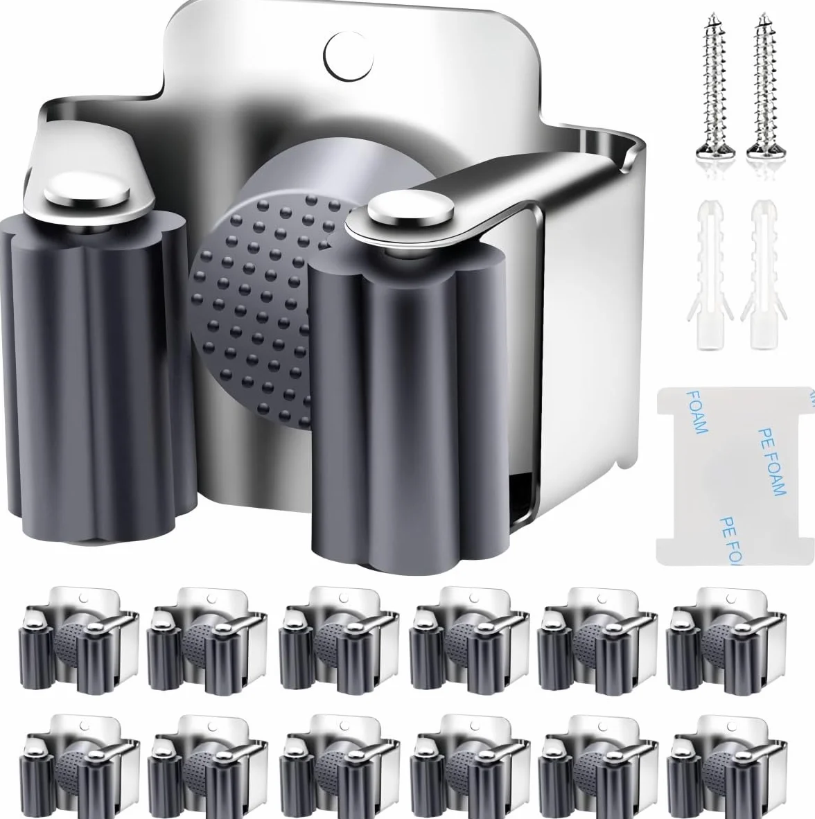 KAHEIGN 12 Pezzi Porta Scope in Acciaio Inox, Supporto per Mocio da Parete Gancio per Utensili Resistente con Ingranaggio in Silicone Antiscivolo per Cucina Bagno Armadio Giardino Garage