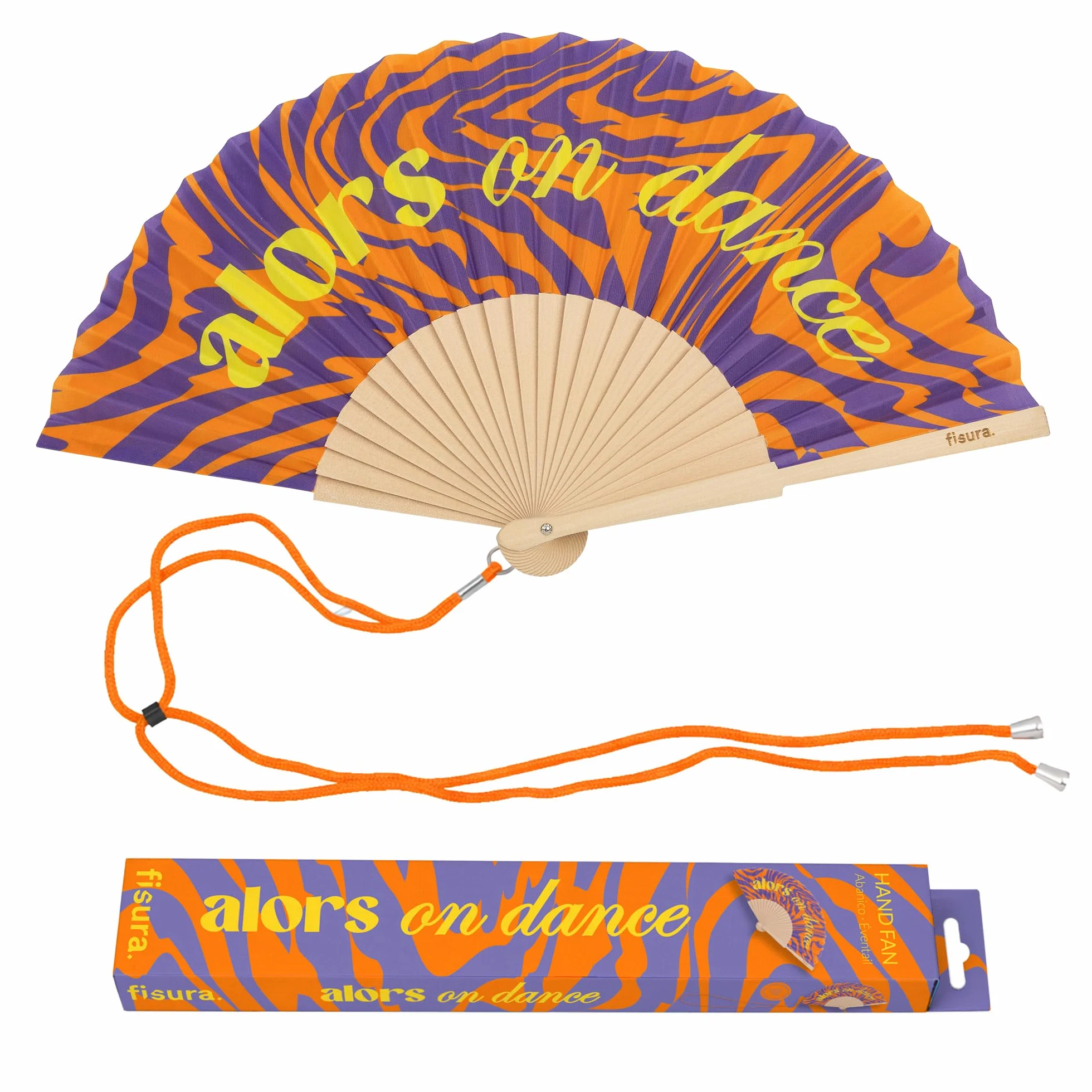 Fisura – Ventaglio in legno con messaggio “Alors on dance”. Ventaglio a mano moderno arancione e viola con laccetto. Accessorio estivo colorato, idea regalo originale, dimensioni 42,5 x 23 cm