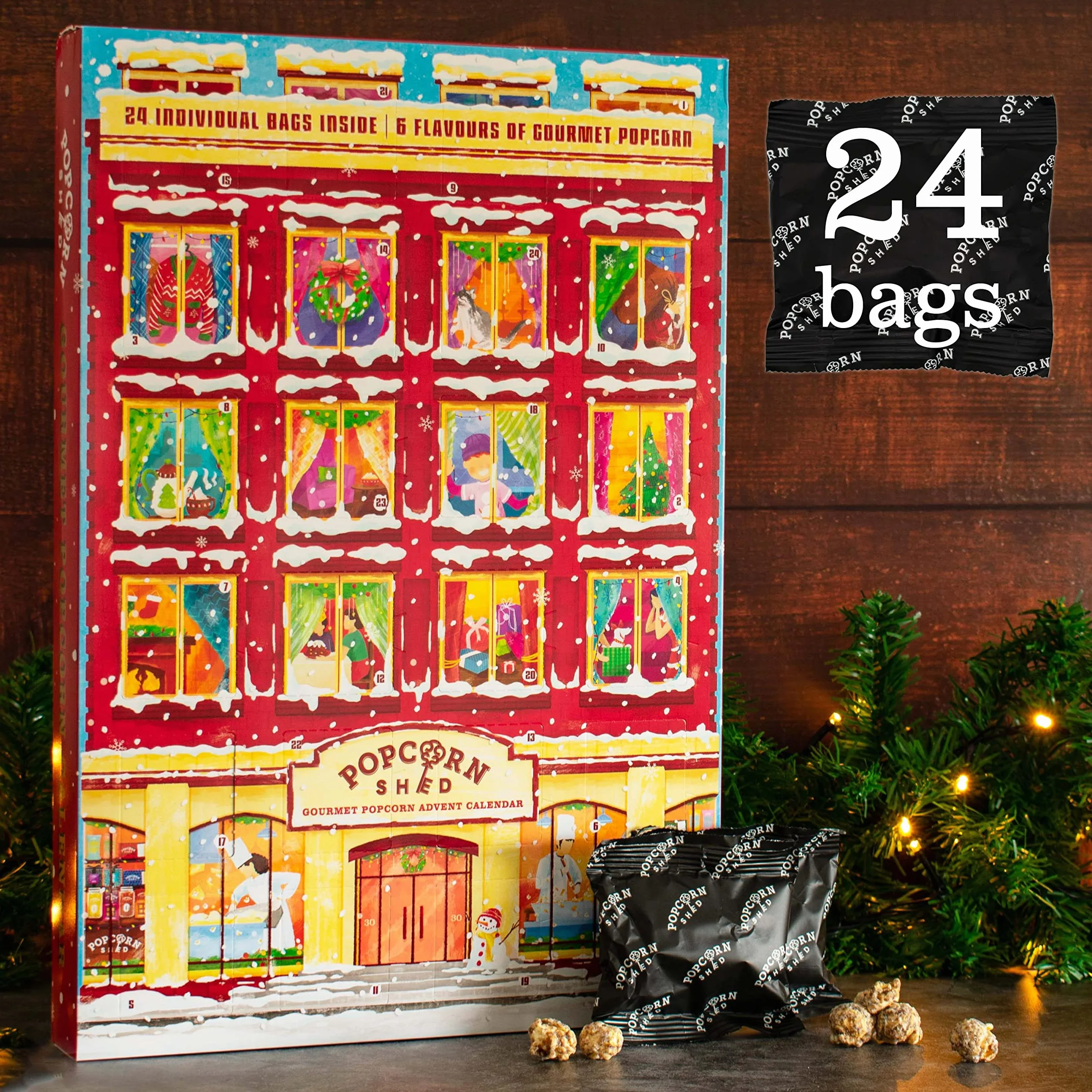 Popcorn Shed Calendario dell'Avvento di Natale Gourmet Popcorn 2024, 24 giorni di popcorn – 6 gusti di lusso, tutto naturale e vegetariano regalo per buongustai