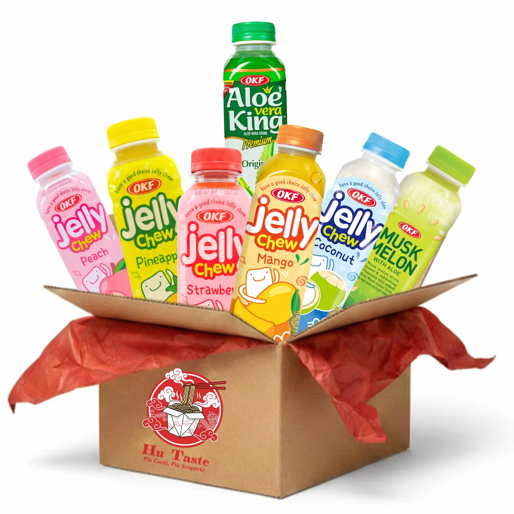 HU TASTE - Mix Discovery Bevande Asiatiche: OKF Jelly Chew & Aloe Vera King - Succhi di Frutta con Pezzi di Gelatina e Cocco - Cocco da Bere, Litchi, Mango e Ananas - Box Merenda Esotica