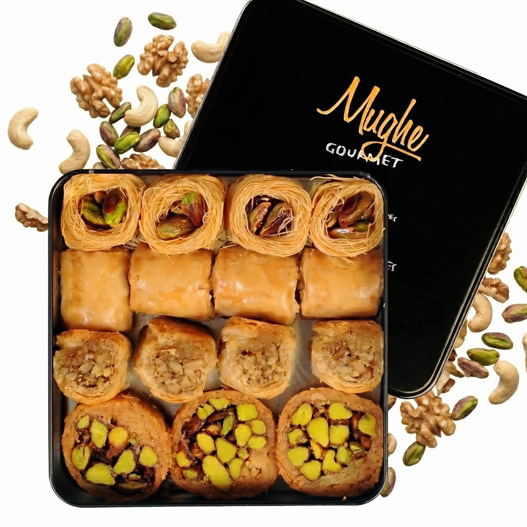 Mughe Gourmet - Scatola regalo elegante con assortimento di Baklava - Baklawa al pistacchio, mandorle, anacardi, nocciole - Dolcetti di piccole dimensioni -250g- Perfetti per compleanni, Natale