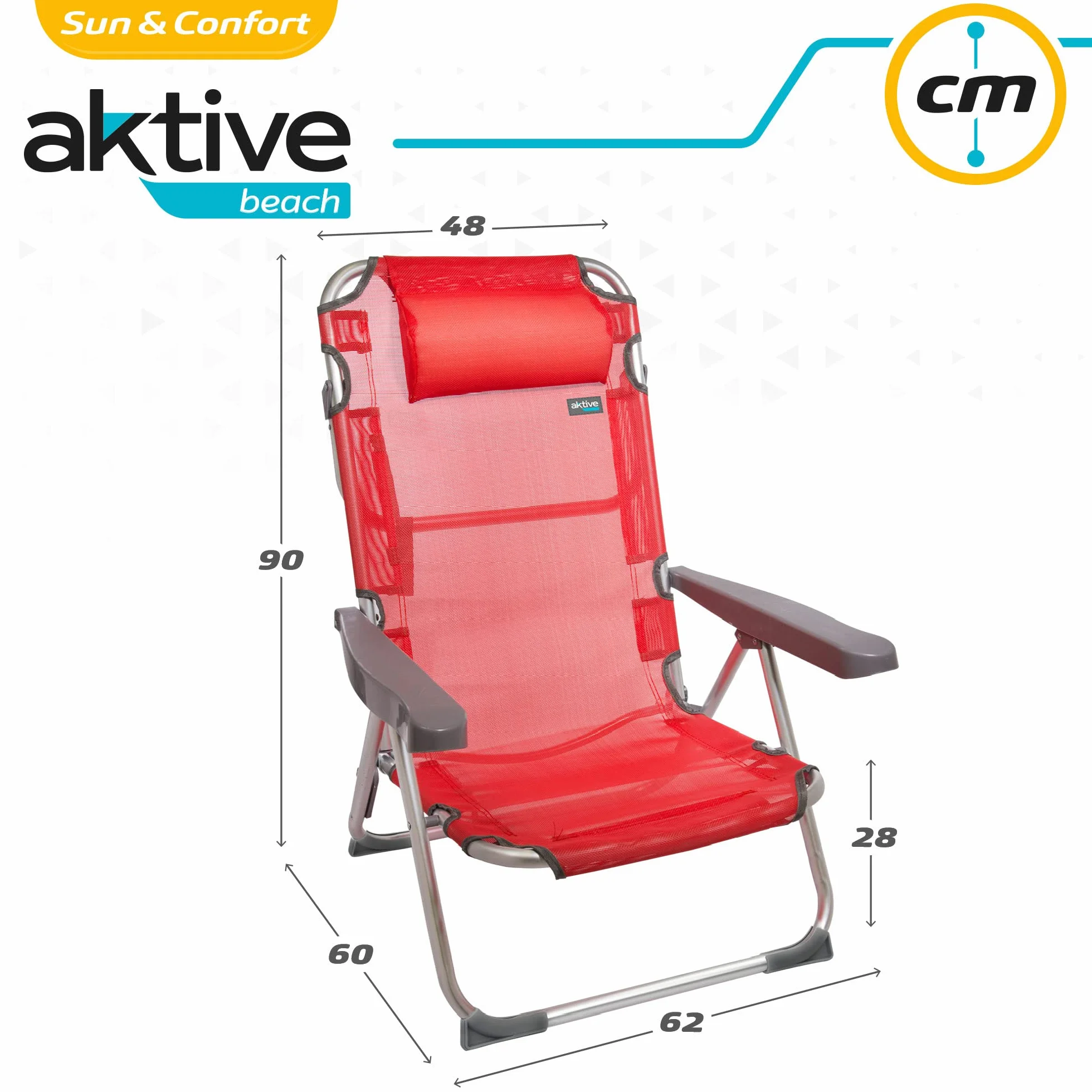 AKTIVE 62265 - Confezione da 2 sedie alte pieghevoli con cuscino per spiaggia, giardino, terrazza o campeggio | Misure 48x60x90cm | Braccioli resistenti ed ergonomici