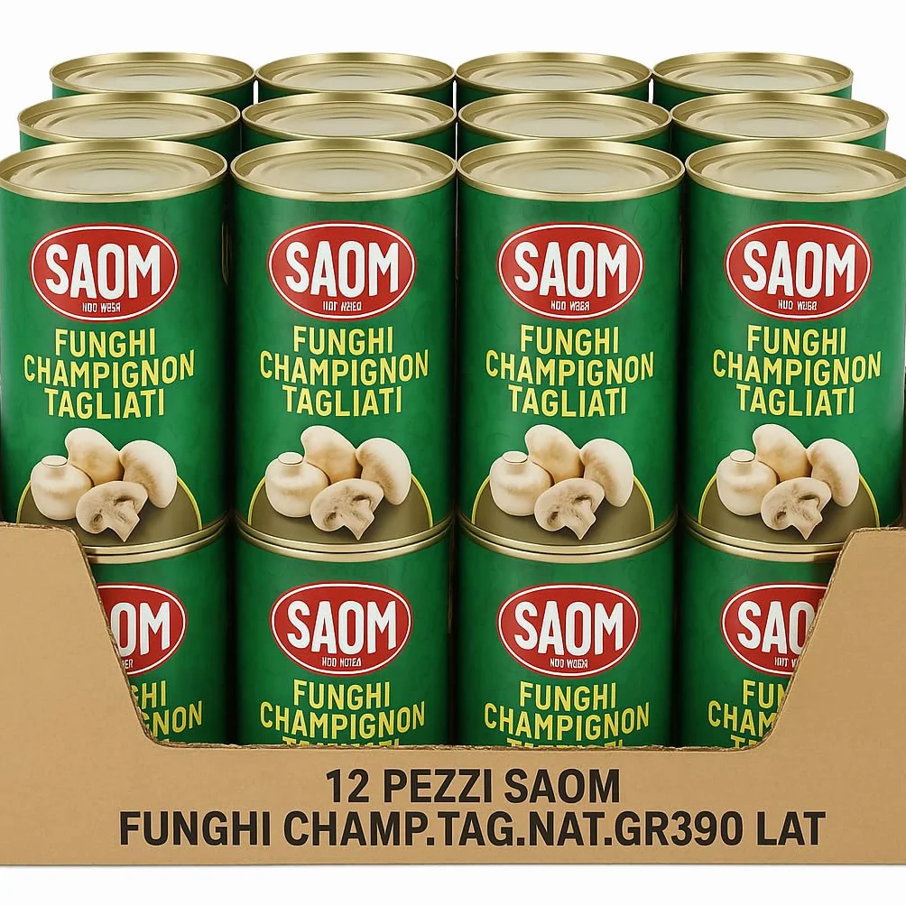 Saom Funghi Champignon Tagliati e Lessati al Naturale – Confezione da 12 Lattine da 390g – Funghi in Scatola Pronti all’Uso per Pizza, Insalate, Primi Piatti, Contorni e Ricette