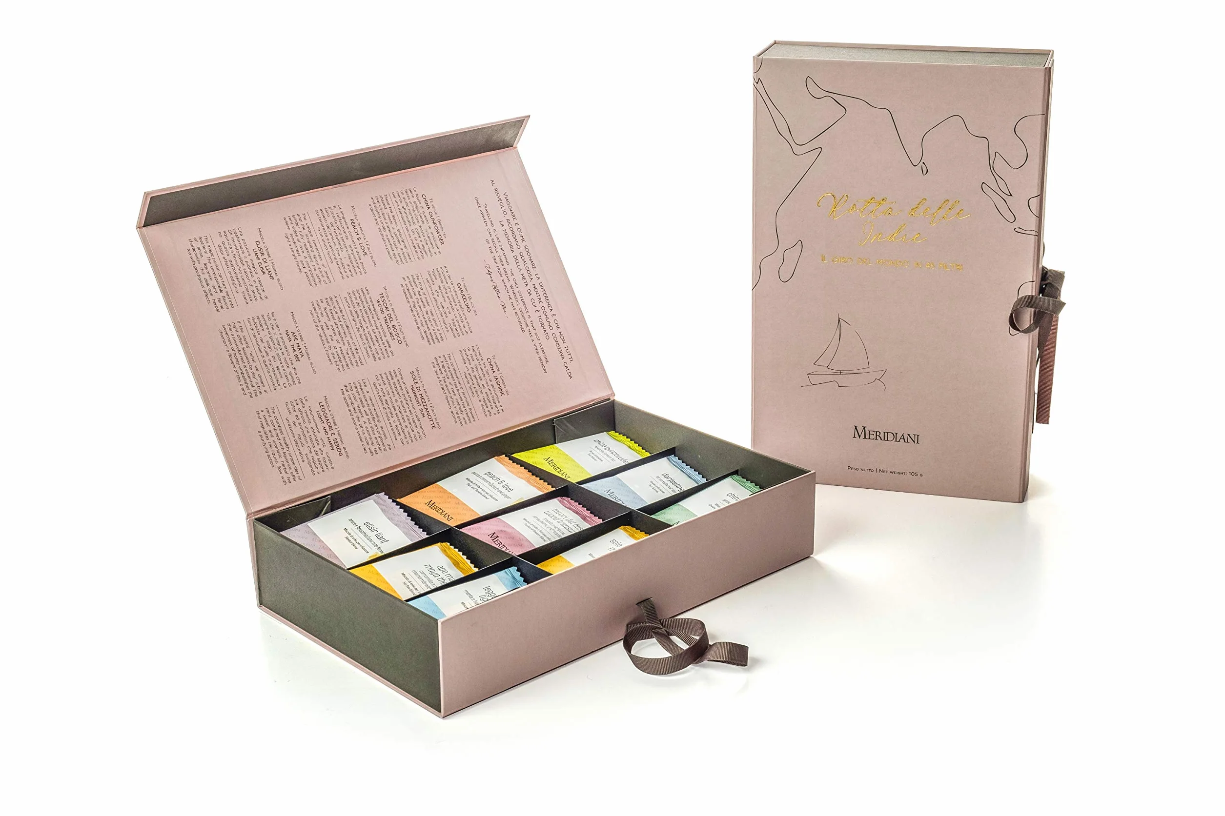 Meridiani Confezione Regalo 'La Rotta delle Indie' - Assortimento 45 Filtri di Tè, Infusi e Tisane Bio - 45 Unità