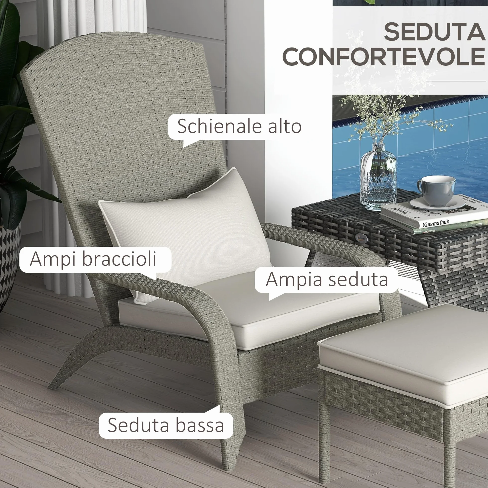 Outsunny Sedia da Giardino con Poggiapiedi, Braccioli e Cuscini Imbottiti, Sedia Adironrack in Rattan e Acciaio, 64x82x89 cm, Grigio e Bianco Crema