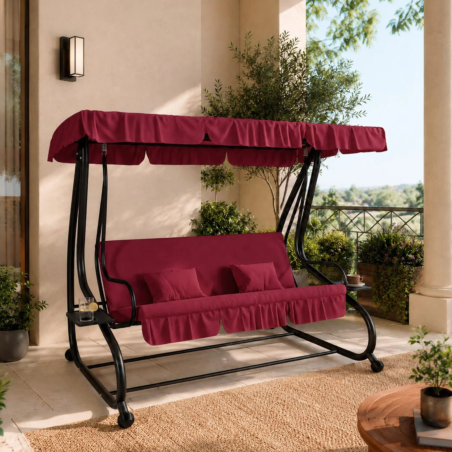 Dondolo 3 Posti Reclinabile Madeira Tettuccio Parasole Regolabile Cuscini Imbottiti Diventa Letto Struttura Robusta In Acciaio Verniciato Giardino Esterno Balcone Terrazzo 200 x 120 x 160 cm Bordeaux