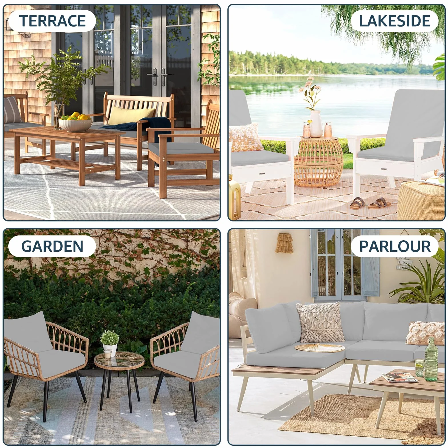 4 fodere di ricambio per cuscini da giardino da 60 x 60 x 10 cm, impermeabili, minimaliste, con chiusura a zip, solo fodera (grigio)