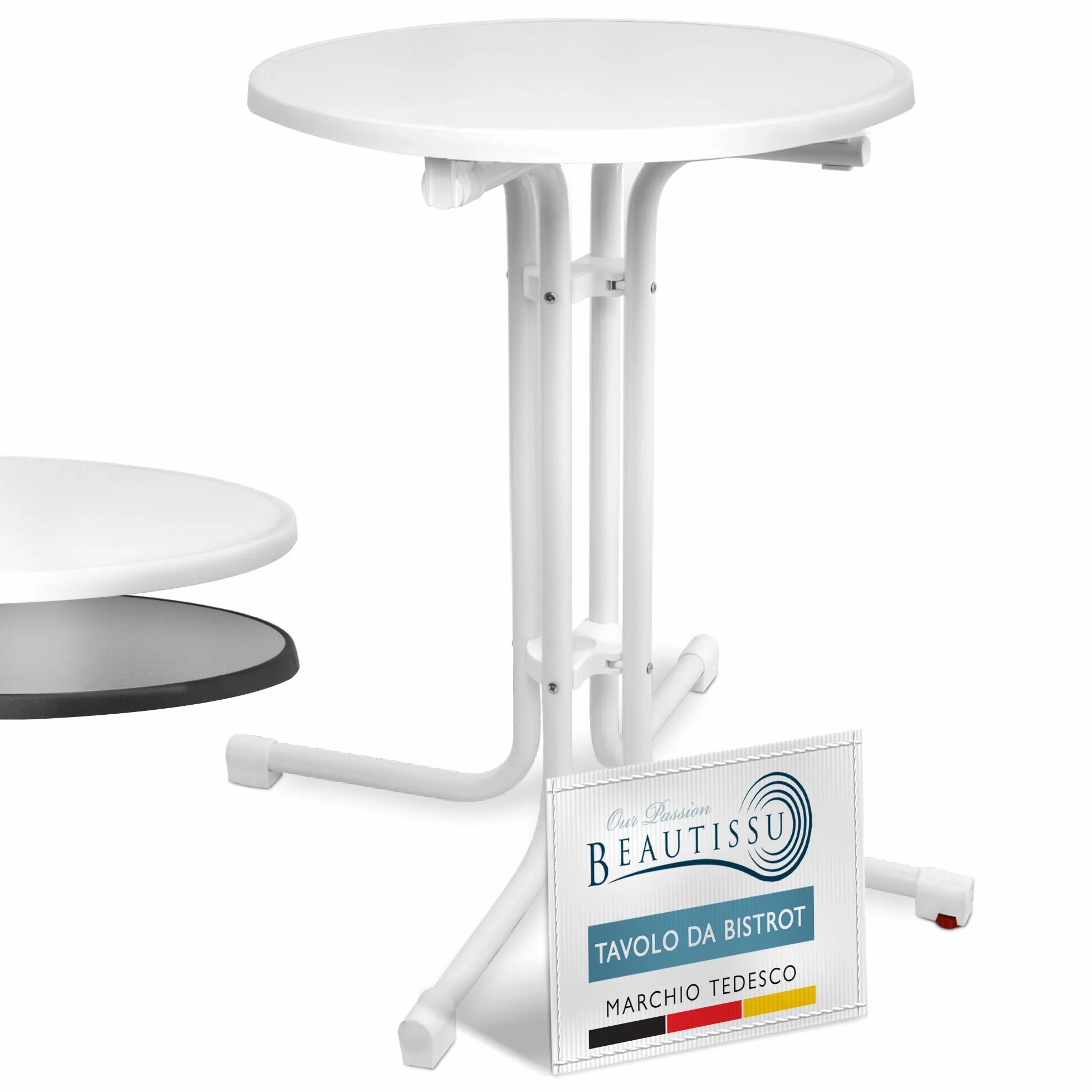 Beautissu Tavolo Bistrot da Esterno Ø 60 cm – Tavolino da Balcone Giardino Terrazza Pieghevole H 70 cm – Tavolo da Campeggio Feste Bar Ristorante – Bianca – Bistroni