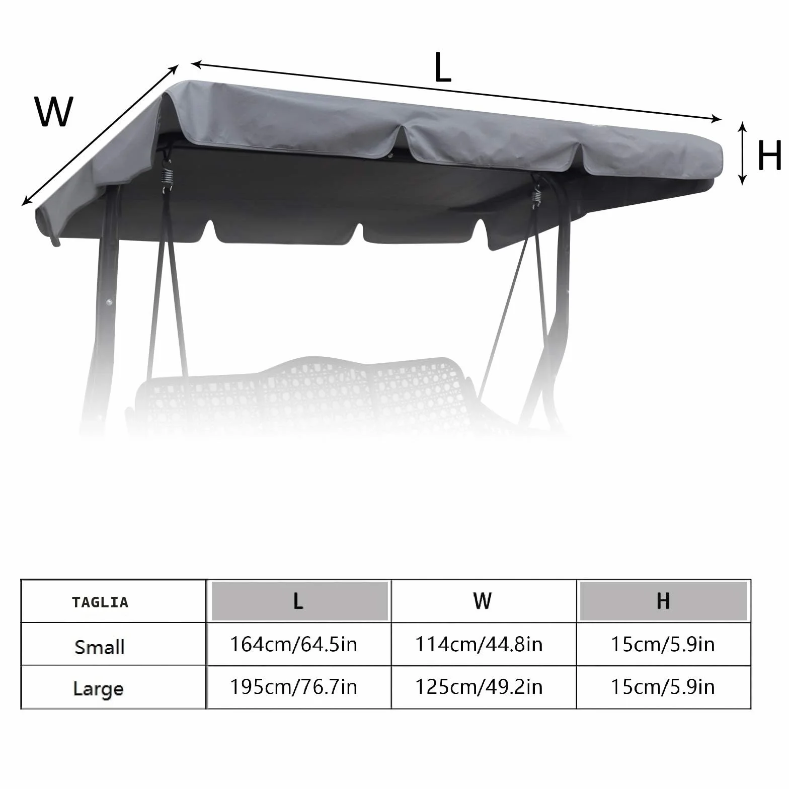 Tetto di ricambio universale per dondolo da giardino a 3 posti, rivestimento di ricambio per tettuccio parasole, altalena (large, grigio) (Grigio, L)