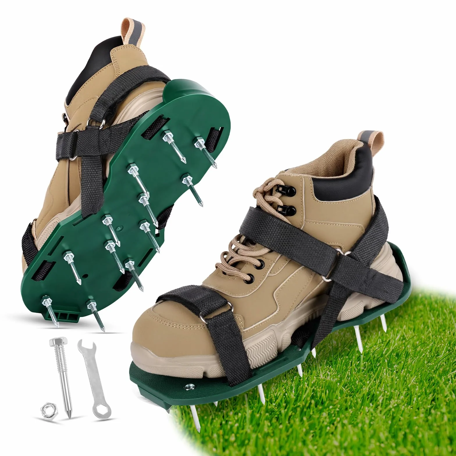 URAQT Scarpe Chiodate per Areazione Prato e Giardino, 48mm Arieggiatore Scarpe con Cinghie in Cinghie adesive, Sandalo Aeratore Scarpe da Prato, Arieggiatore Prato Scarpe,per Cortile e Patio,Verde