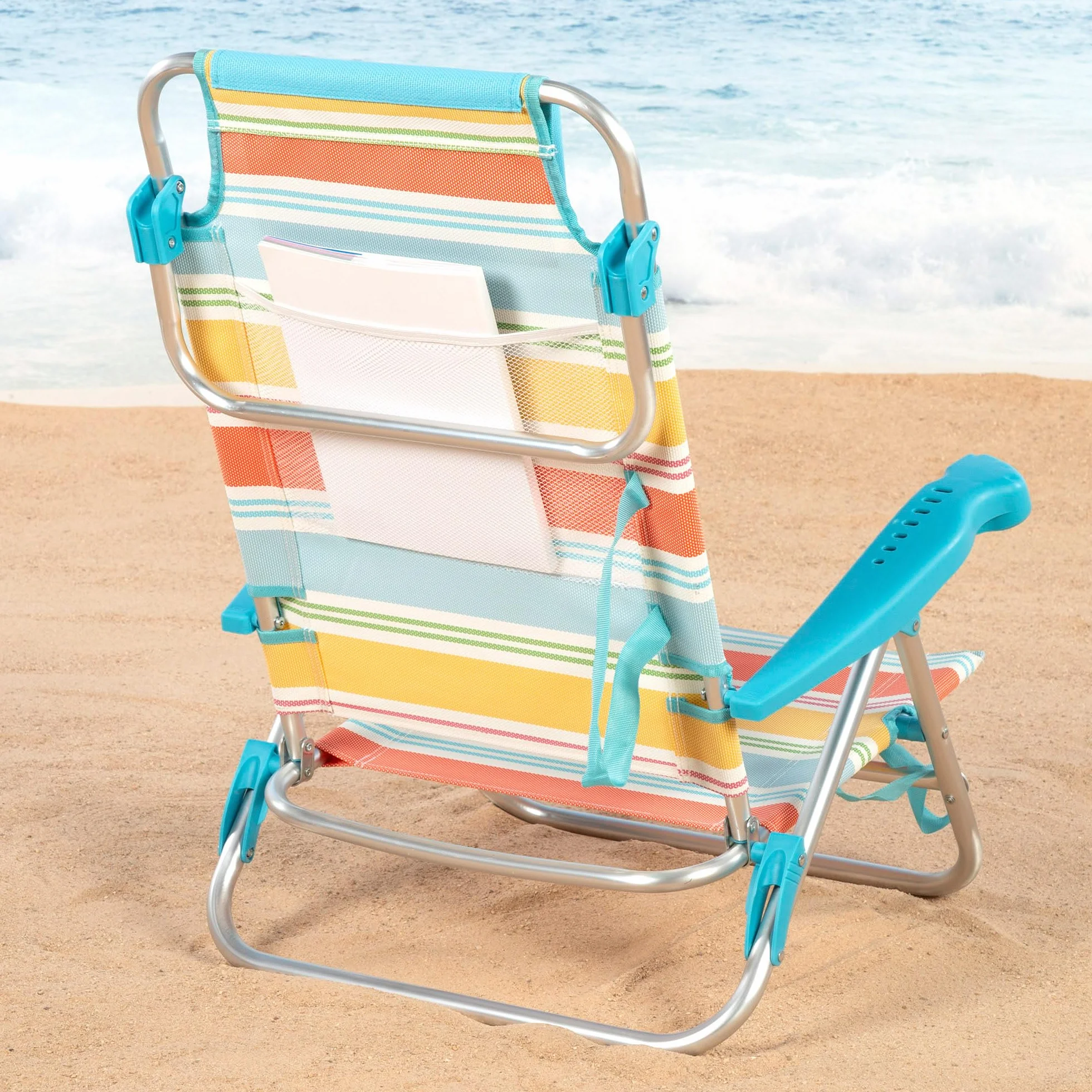 AKTIVE Set di 2 sedie da spiaggia pieghevoli, 50x48x80 cm, reclinabili in 7 posizioni, in alluminio e textilene a righe multicolor, con cuscino e maniglie, modello Santorini (62419)
