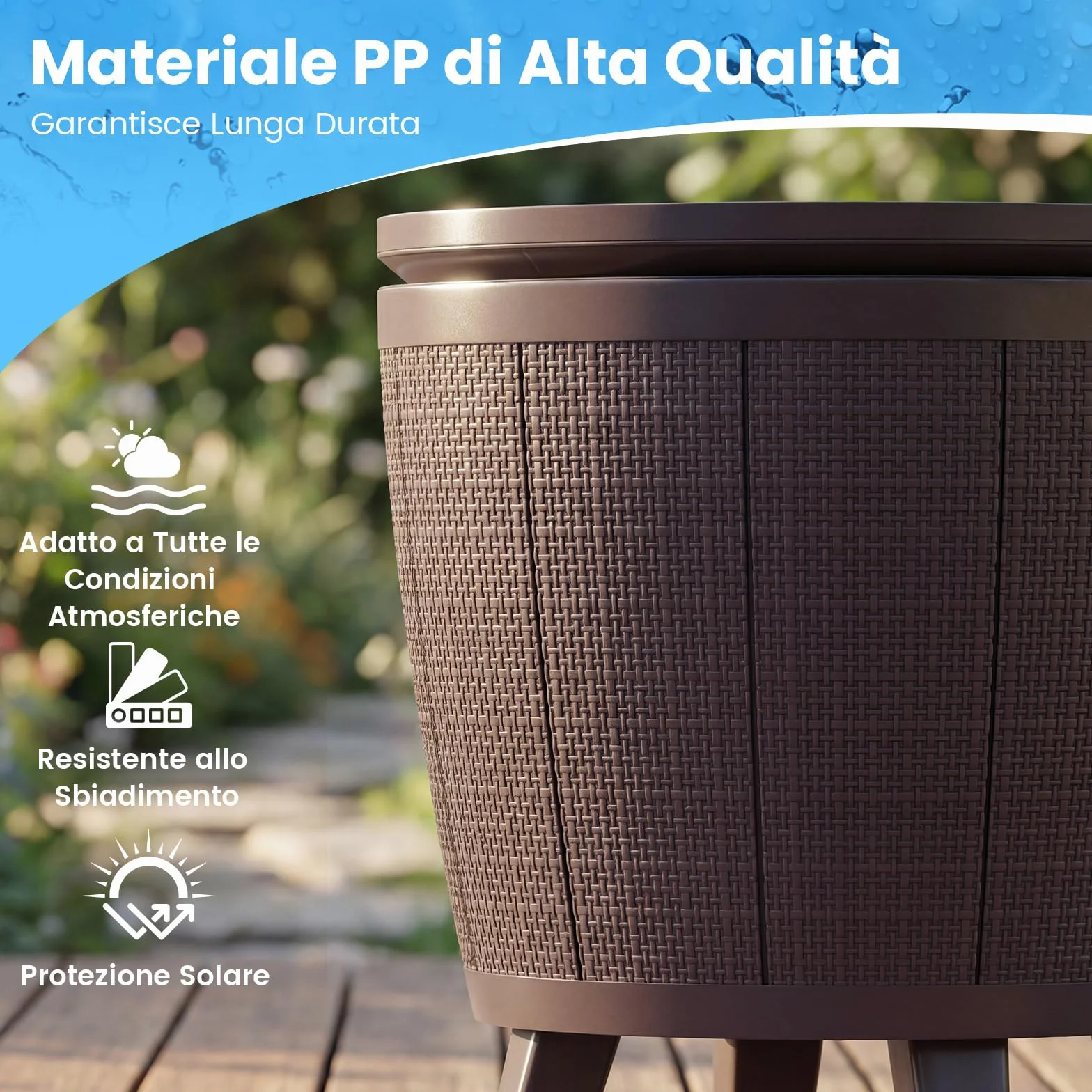 COSTWAY 2 in 1 Tavolino Frigo 38L da Esterno, Secchiello Ghiaccio Regolabile in Altezza 49 x 59-84H cm, Tavolo Bar con Tappo di Drenaggio, per Piscina, Cortile e Campeggio (Marrone)