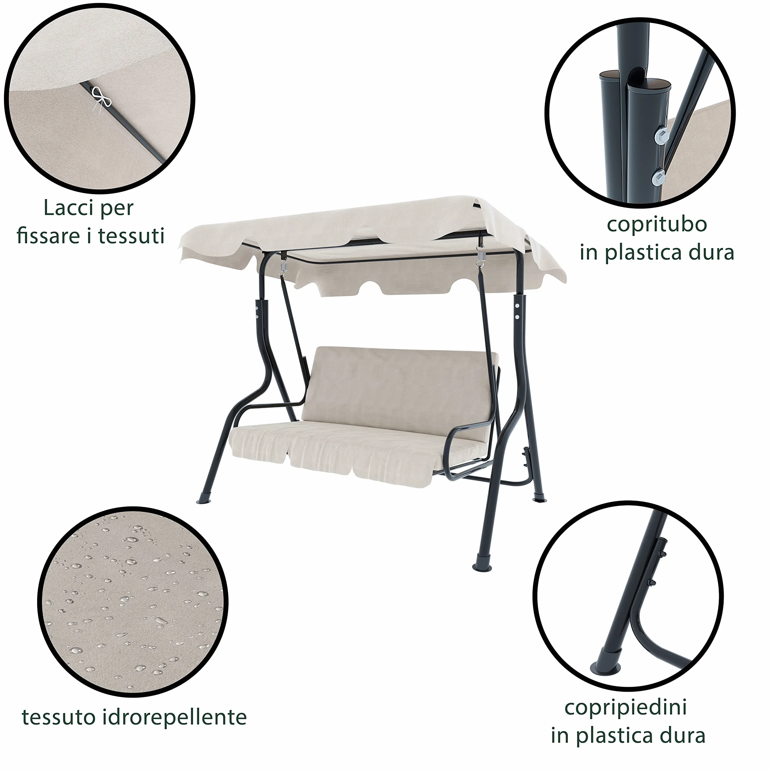 Arreditaly Dondolo 3 Posti Con Tettuccio Parasole Regolabile Cuscini Imbottiti Struttura Robusta In Acciaio Verniciato Da Esterno Giardino Balcone Terrazzo Piscina 170 x 110 x 153 Cm (Beige)