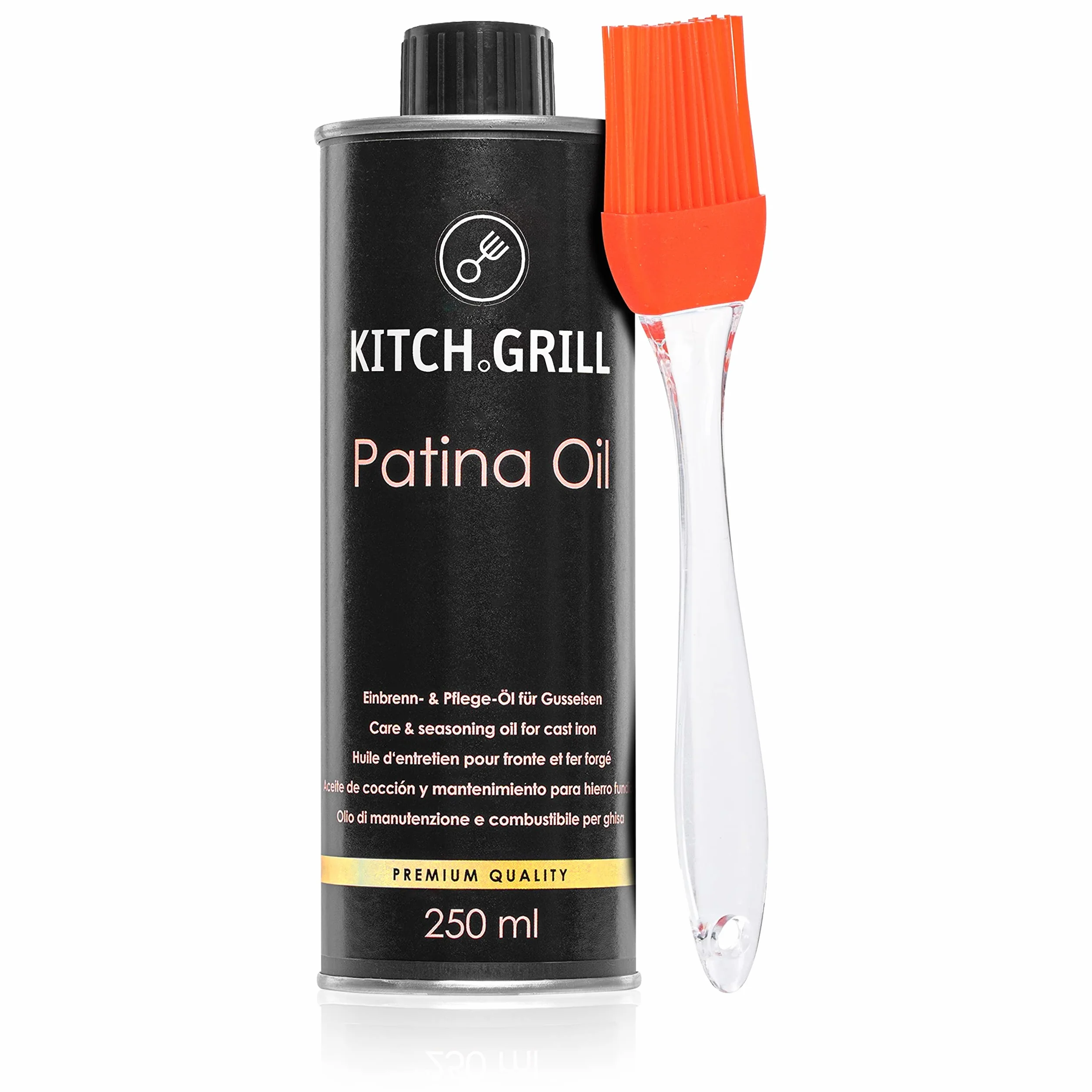 KitchGrill® Olio per Cottura e Cura Con Pennello in Silicone, 250 ml, per Patina di Pentole e Padelle in Ghisa, Griglie, Piastre per Barbecue, Forno Olandese | Ferro Battuto