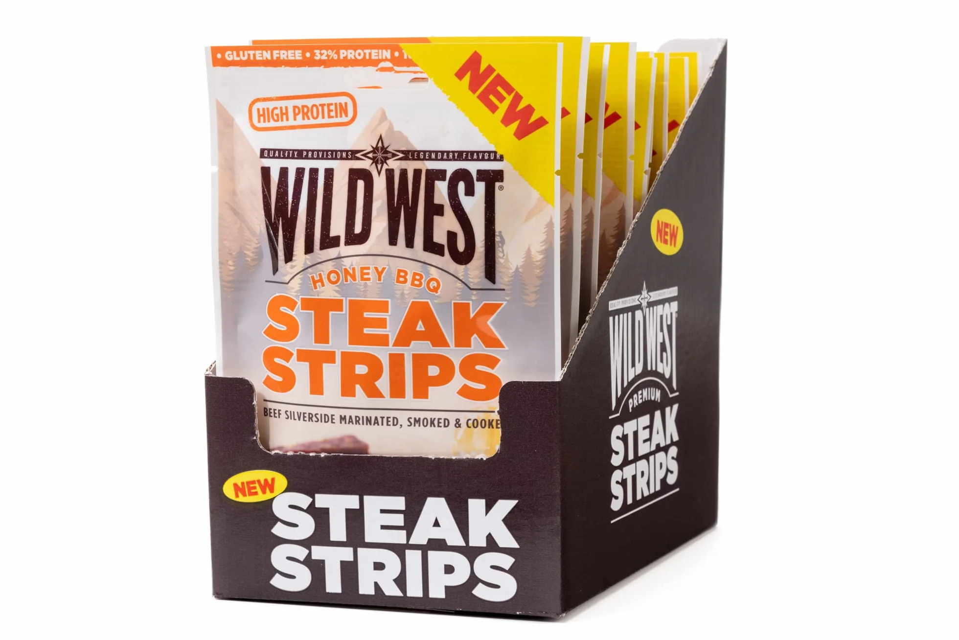 Wild West Steak Strips, 16x60g Honey BBQ, carne secca proteica, snack proteico Beef Jerky, carne essiccata di manzo