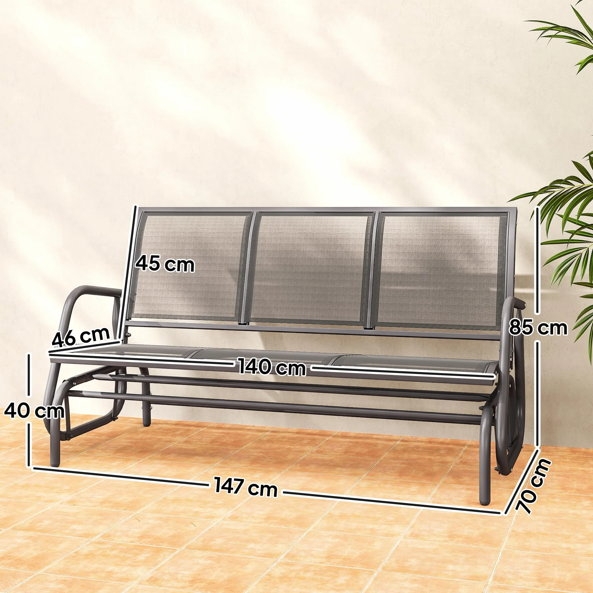Outsunny Panchina a Dondolo da Giardino a 3 Posti in Metallo e Tessuto a Rete Traspirante, 147x70x85cm, Grigio