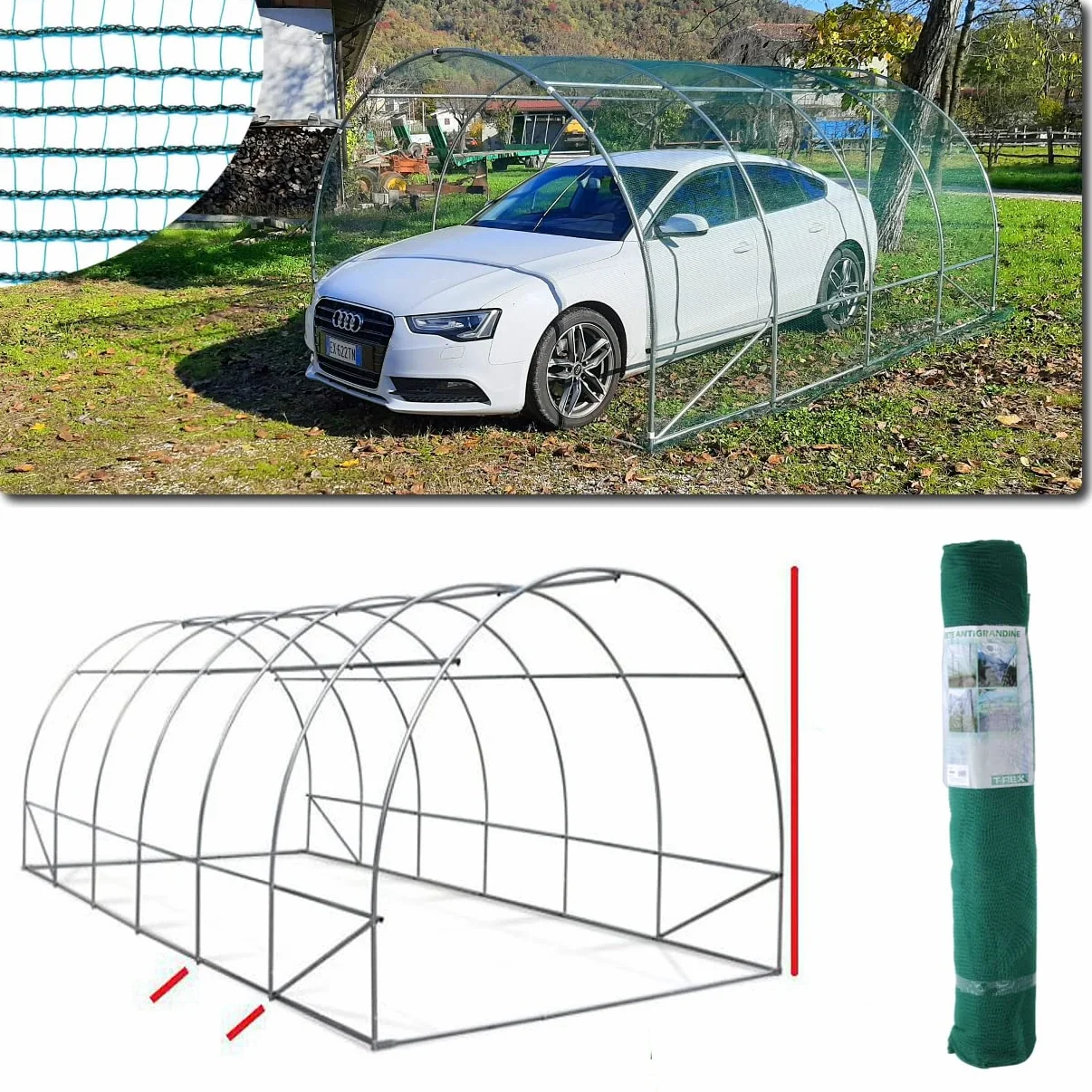 Serrashop Tunnel 3x6m con Rete antigrandine Made in Italy carport Garage Auto Protezione Tempesta Box