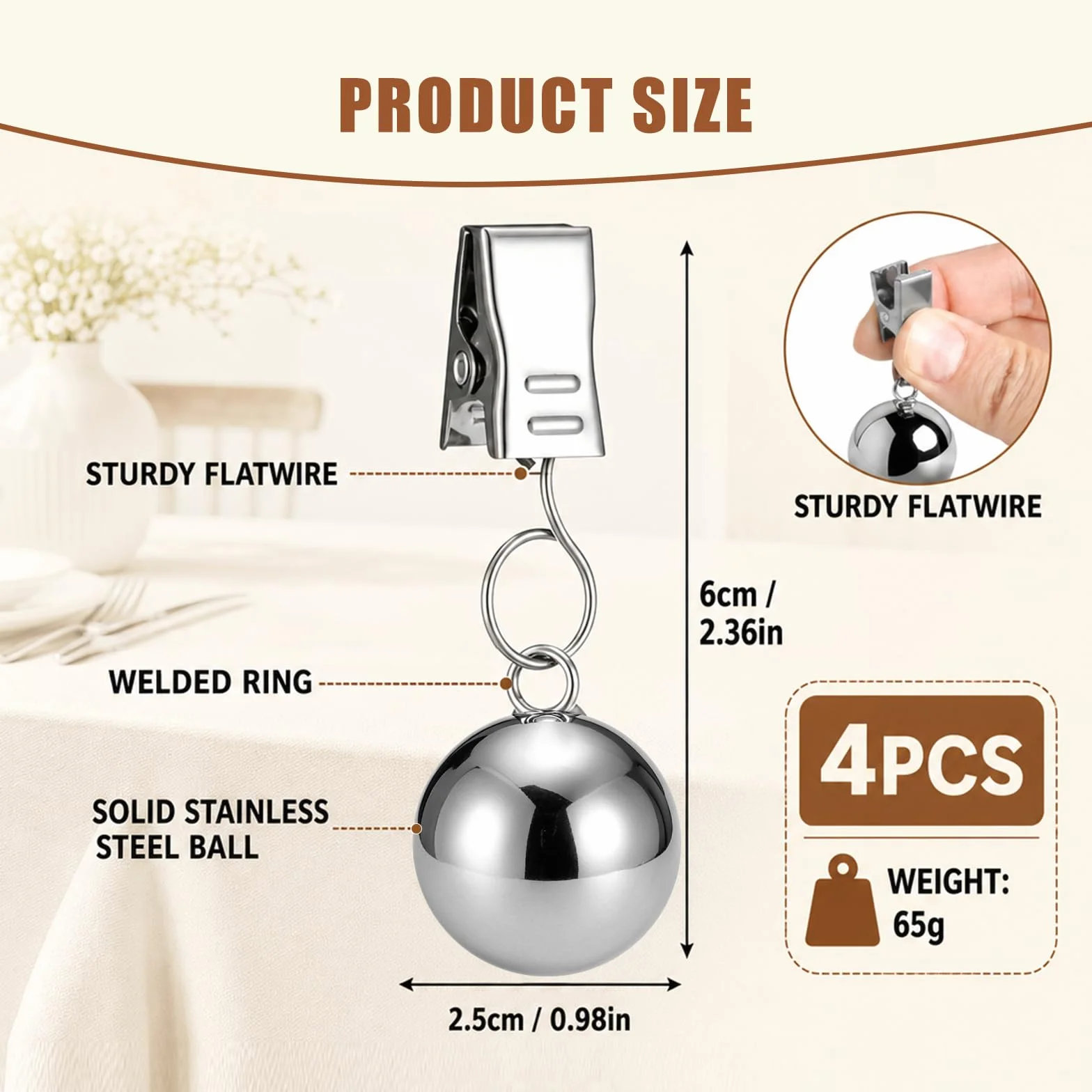 AiQInu 4 Pezzi Fermatovaglia da Tavola in Acciaio Inox, 65g Pesi per Tovaglia, Ferma Tovaglia Anti-Vento per Picnic, Barbecue, Matrimoni, Feste
