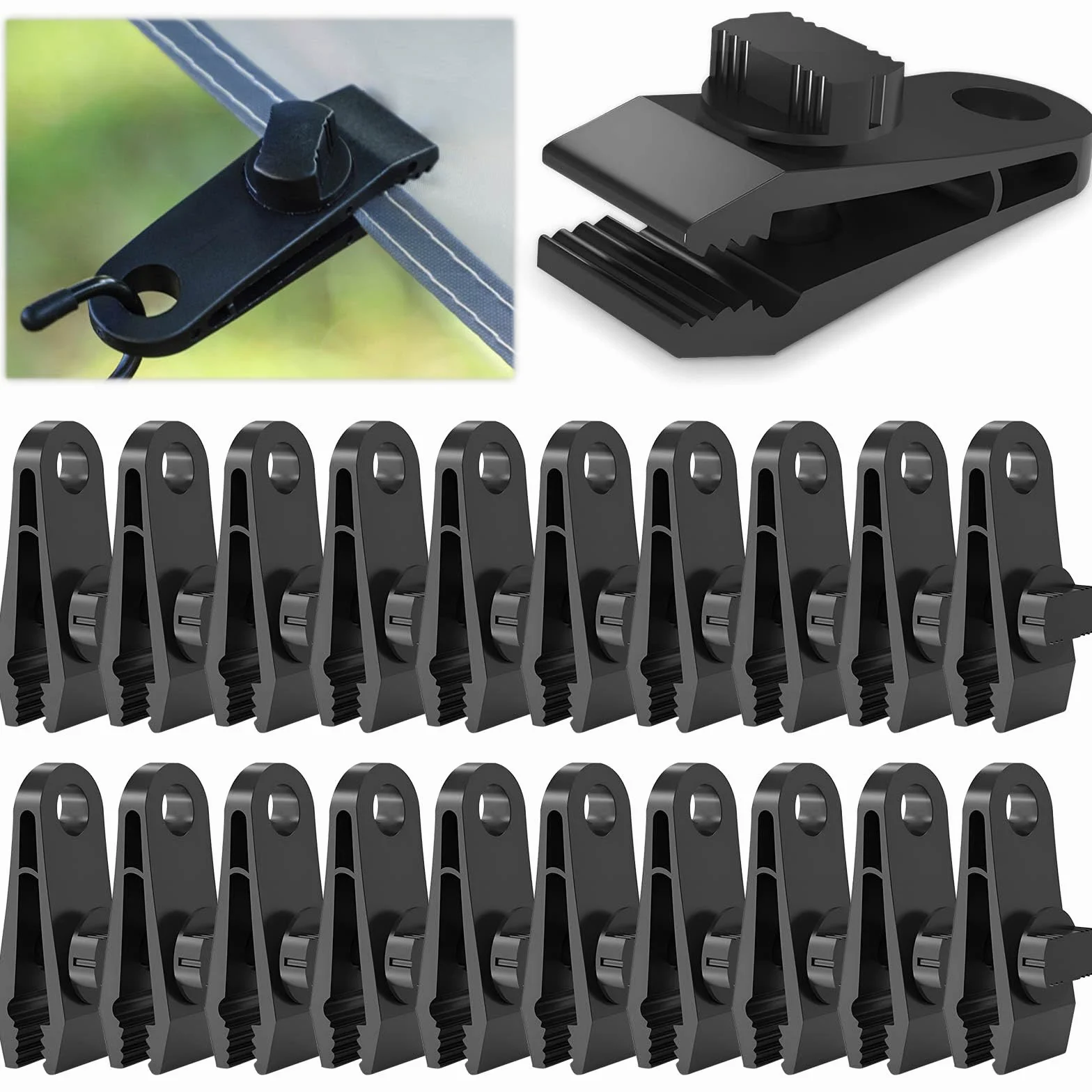 Mollette per tende e teloni, 20 pezzi Tarp Clip di tela di sostegno, Multifunzionale Clip di tenda in plastica nera,Morsetti a vite a prova di vento per tende da campeggio