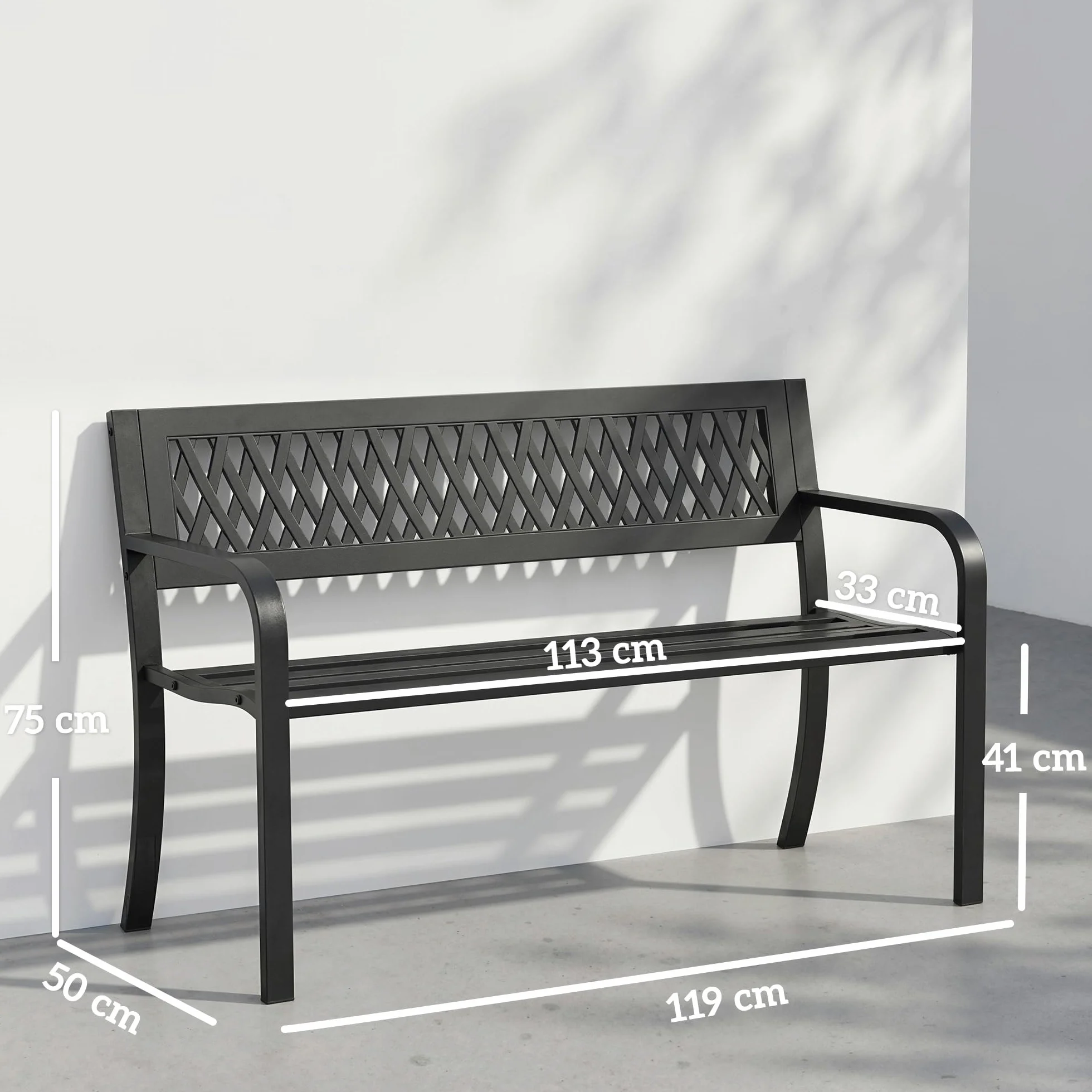 Outsunny Panchina da Giardino per Esterno 2 Posti, Panchina da Patio in Metallo con Braccioli e Seduta a Doghe, per Giardino, Parco, Balcone, Terrazzo, Capacità Fino 240 kg, Nero