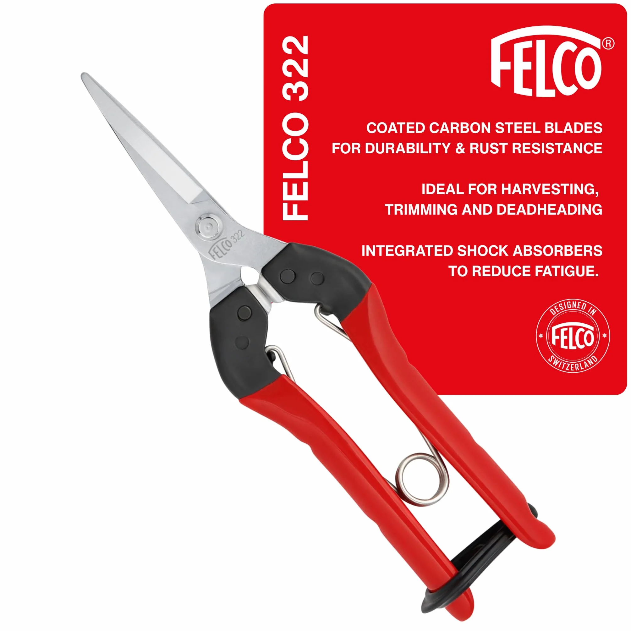 FELCO 322 cesoia da raccolta a lungo raggio, lama cromata 46 mm, taglio 10 mm, manici in acciaio ergonomici, ammortizzatori in poliuretano, utensile leggero 190 mm