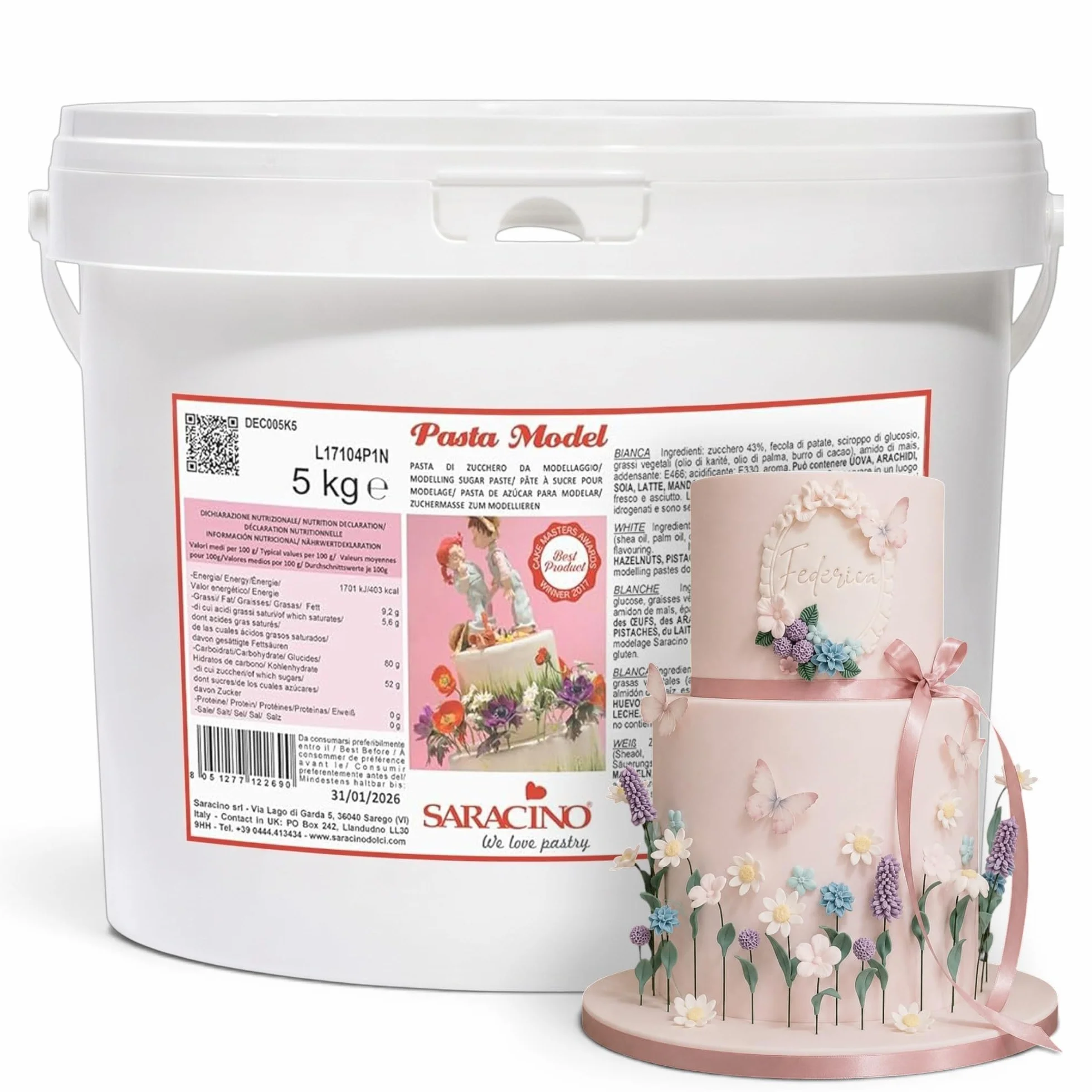 SARACINO We love pastry Pasta Di Zucchero Model Bianca Per Modellaggio Da 5 Kg Senza Glutine Made In Italy