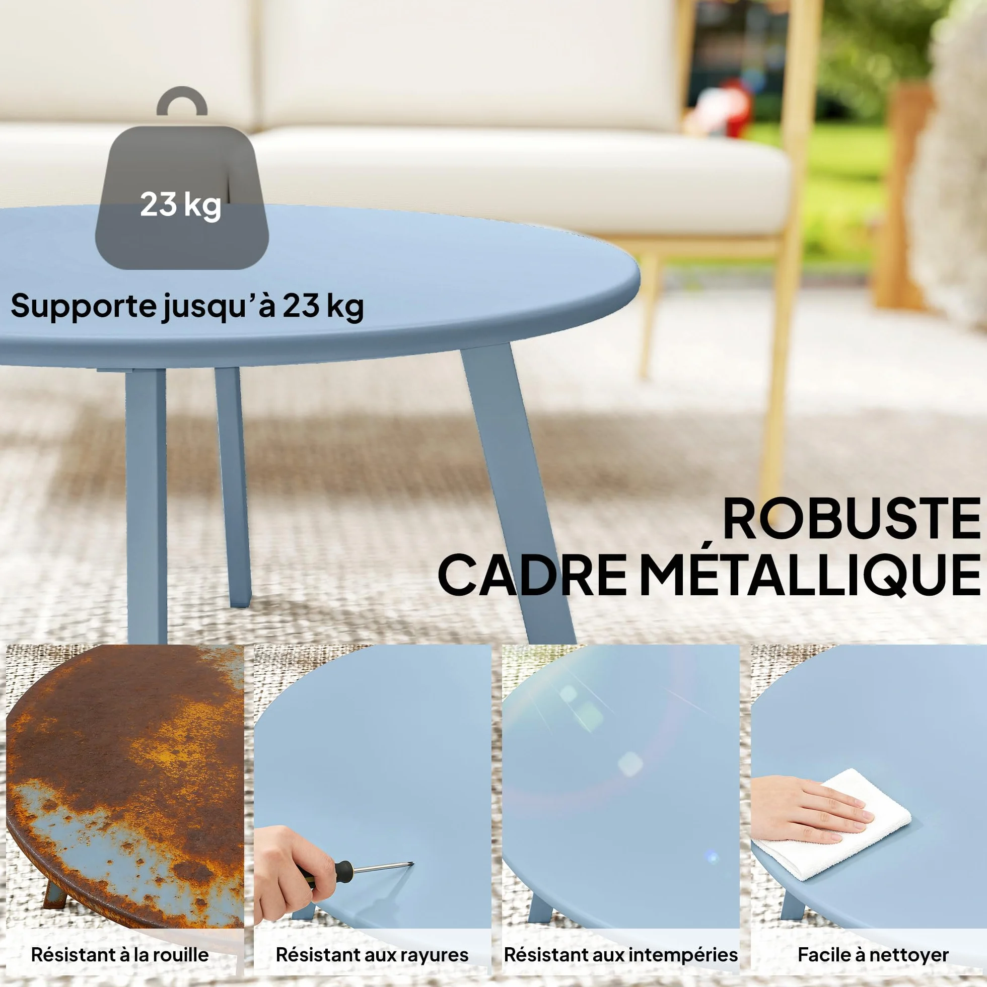 Outsunny Tavolino rotondo con piedini antiscivolo, struttura in metallo, per giardino, balcone, terrazza, soggiorno, Ø 70 x 42 cm, blu
