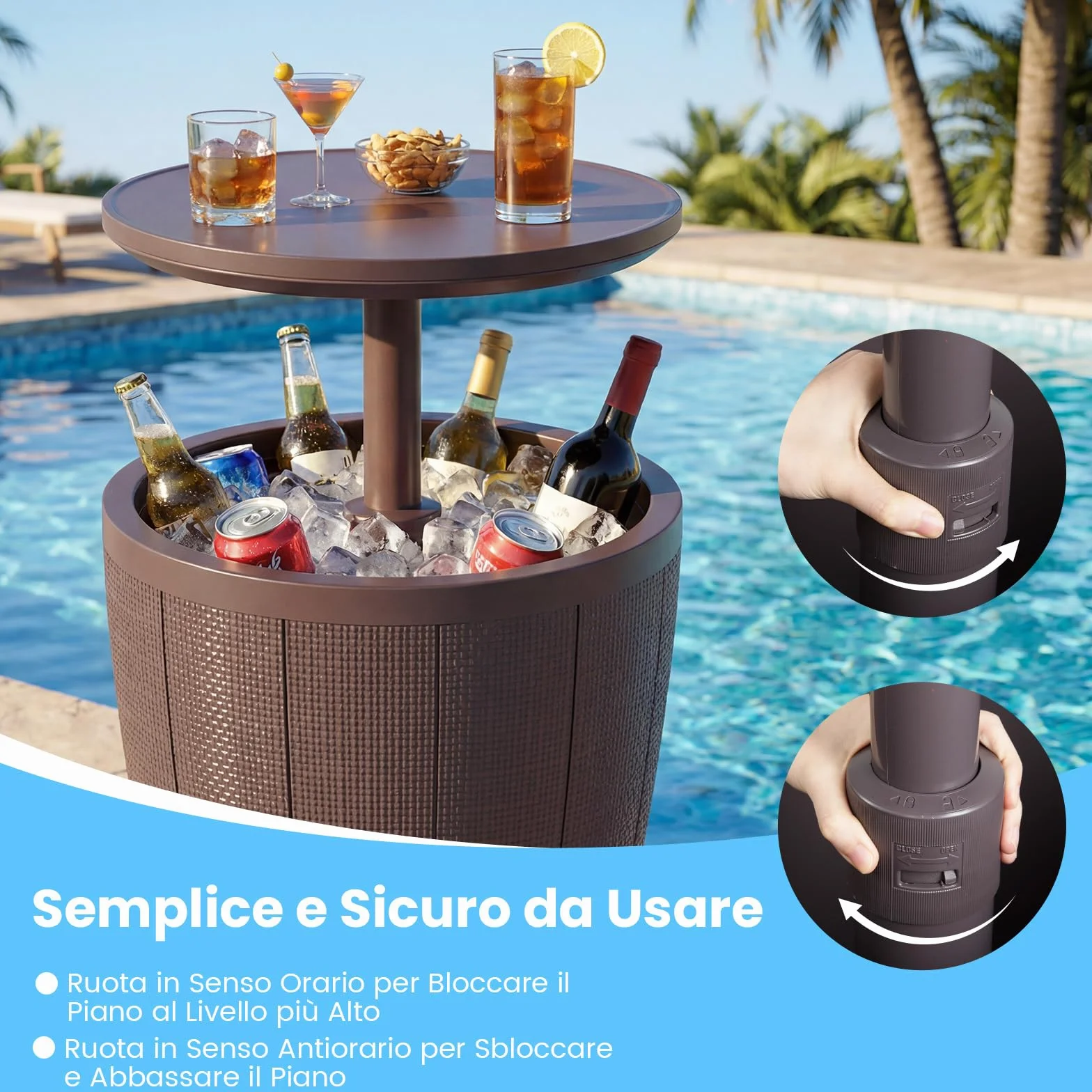 COSTWAY 2 in 1 Tavolino Frigo 38L da Esterno, Secchiello Ghiaccio Regolabile in Altezza 49 x 59-84H cm, Tavolo Bar con Tappo di Drenaggio, per Piscina, Cortile e Campeggio (Marrone)