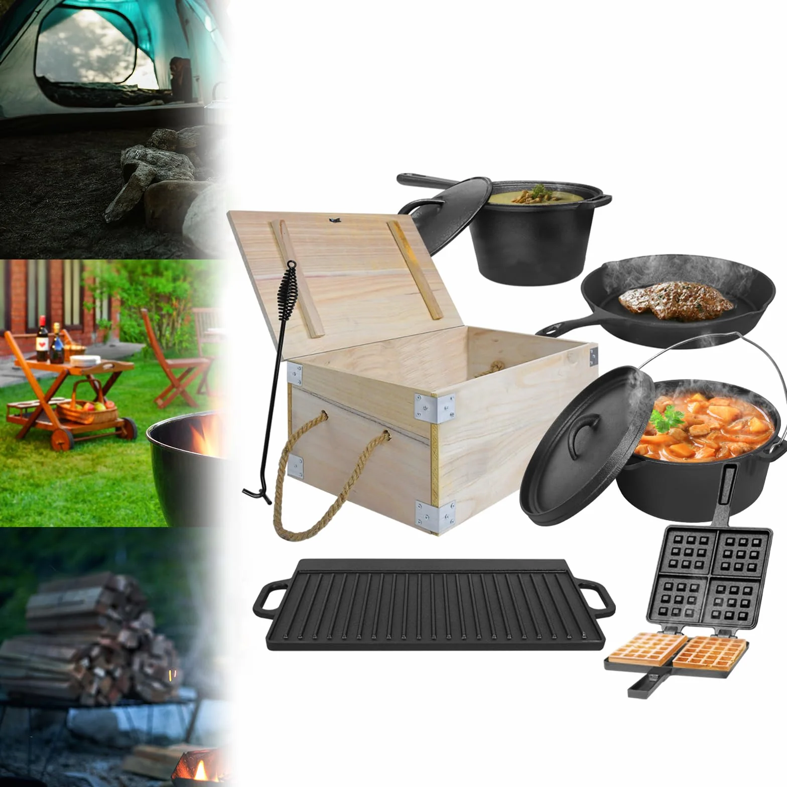 Dutch Oven Set da 12 pezzi in scatola di legno per barbecue con piedini e coperchio, pentola in ghisa per forno a microonde e per interni con molti accessori
