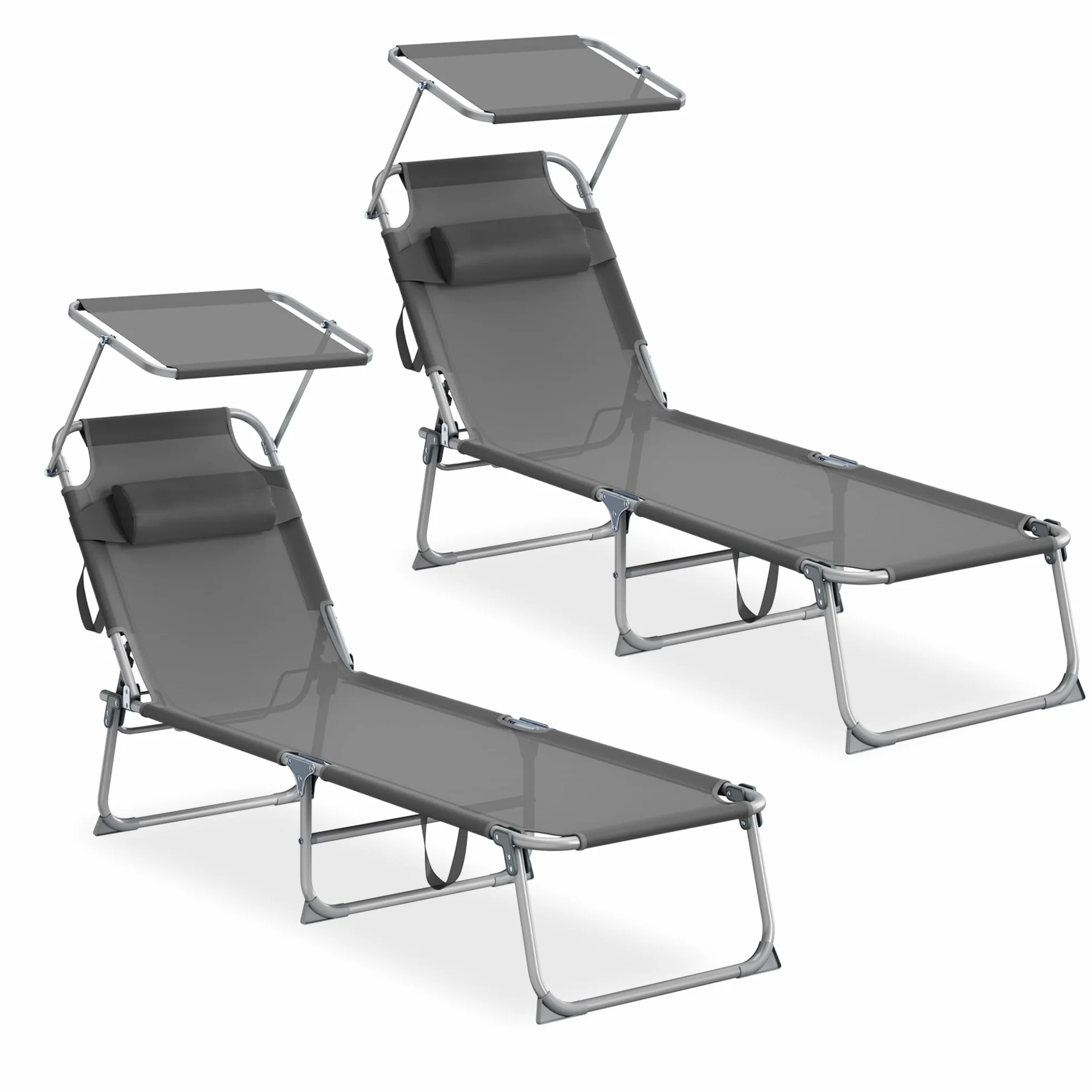 SONGMICS Set da 2 Sedie a Sdraio Pieghevoli, 189 x 53 x 28,5 cm, con Cusicni, Lettini Prendisole, Portata 110 kg Ciascuno, Parasole e Schienale Regolabili, per Terrazza e Balcone, Grigio GCB292GZ02