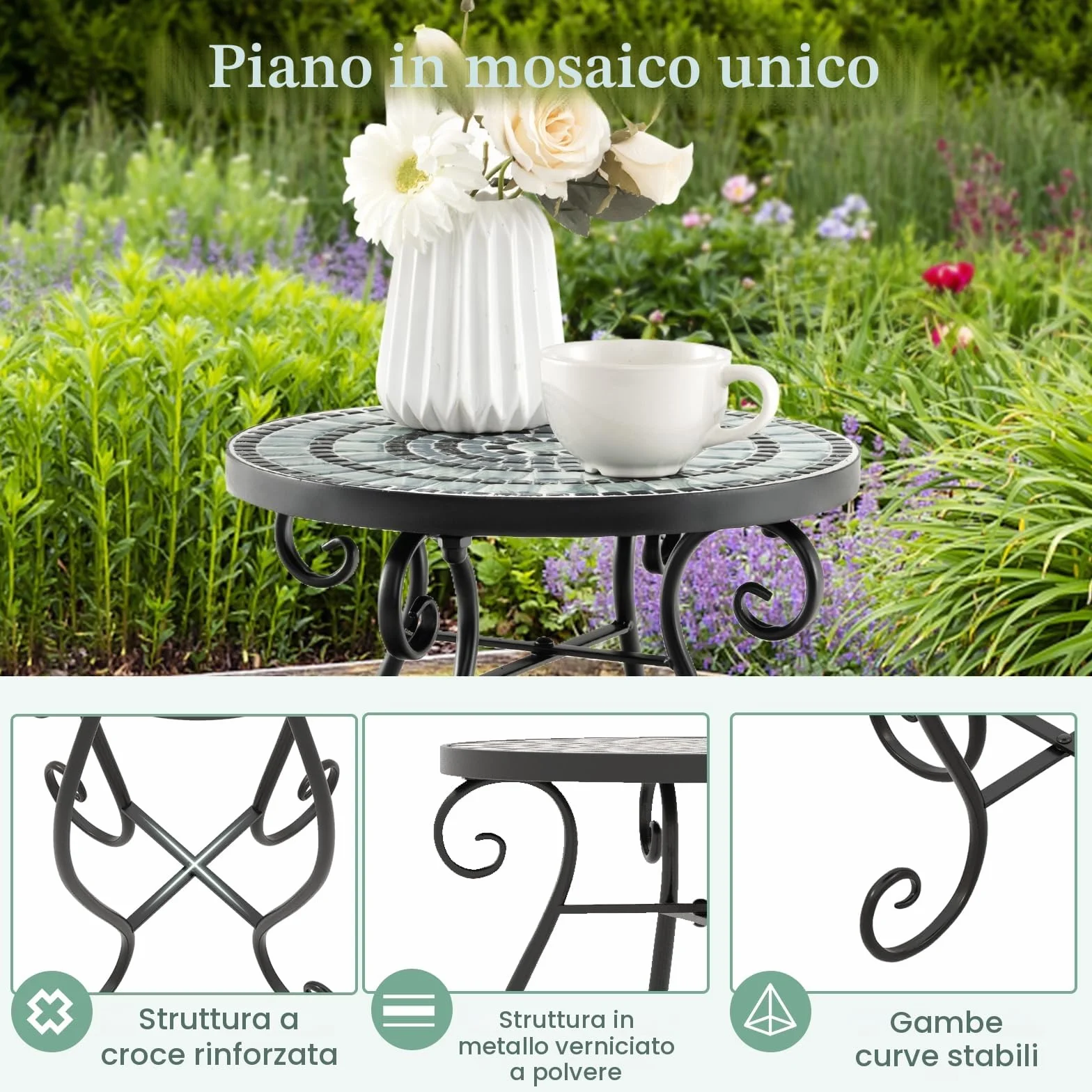 HOMASIS Tavolino da Giardino Piccolo, Tavolino da Caffè in Metallo, Tavolo Rotondo, Sgabello per Piante con Motivo a Mosaico, Tavolino da Balcone, Patio, Terrazzo, 30 x 50 cm (nero e grigio)