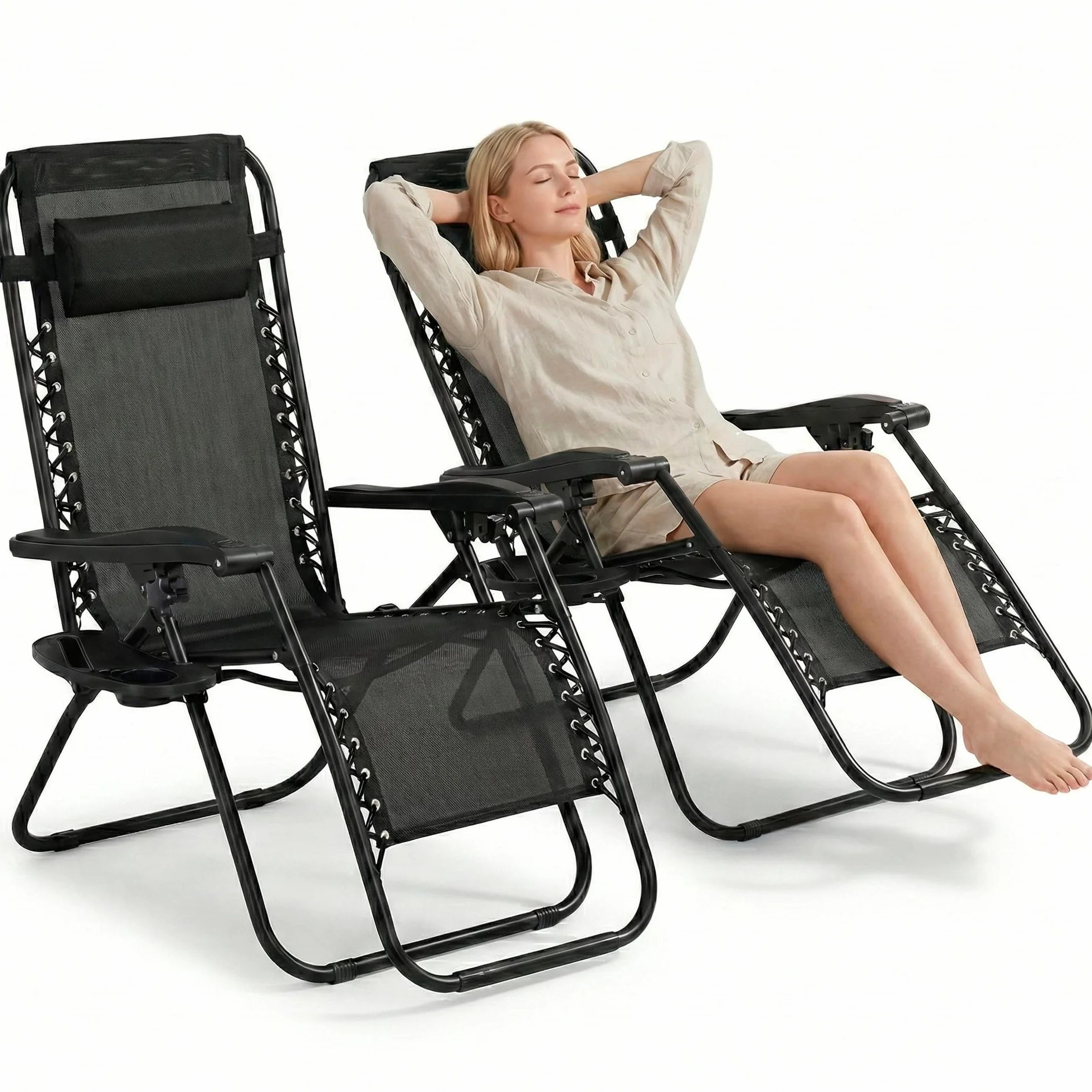 FORA Set 2 Sdraio da Giardino Pieghevoli – 176×67×110 Cm, Tubo 25mm e Tessuto Traspirante, Nero, Reclinabili Con Blocco di Sicurezza, Cuscino Incluso, Chiusura Rapida, 120 Kg