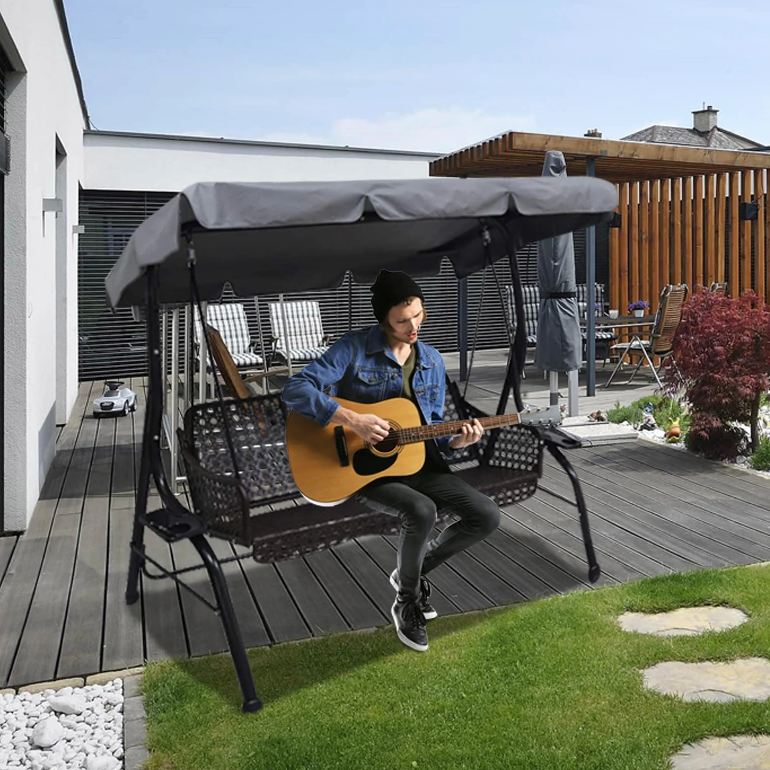 Tetto di ricambio universale per dondolo da giardino a 3 posti, rivestimento di ricambio per tettuccio parasole, altalena (large, grigio) (Grigio, L)