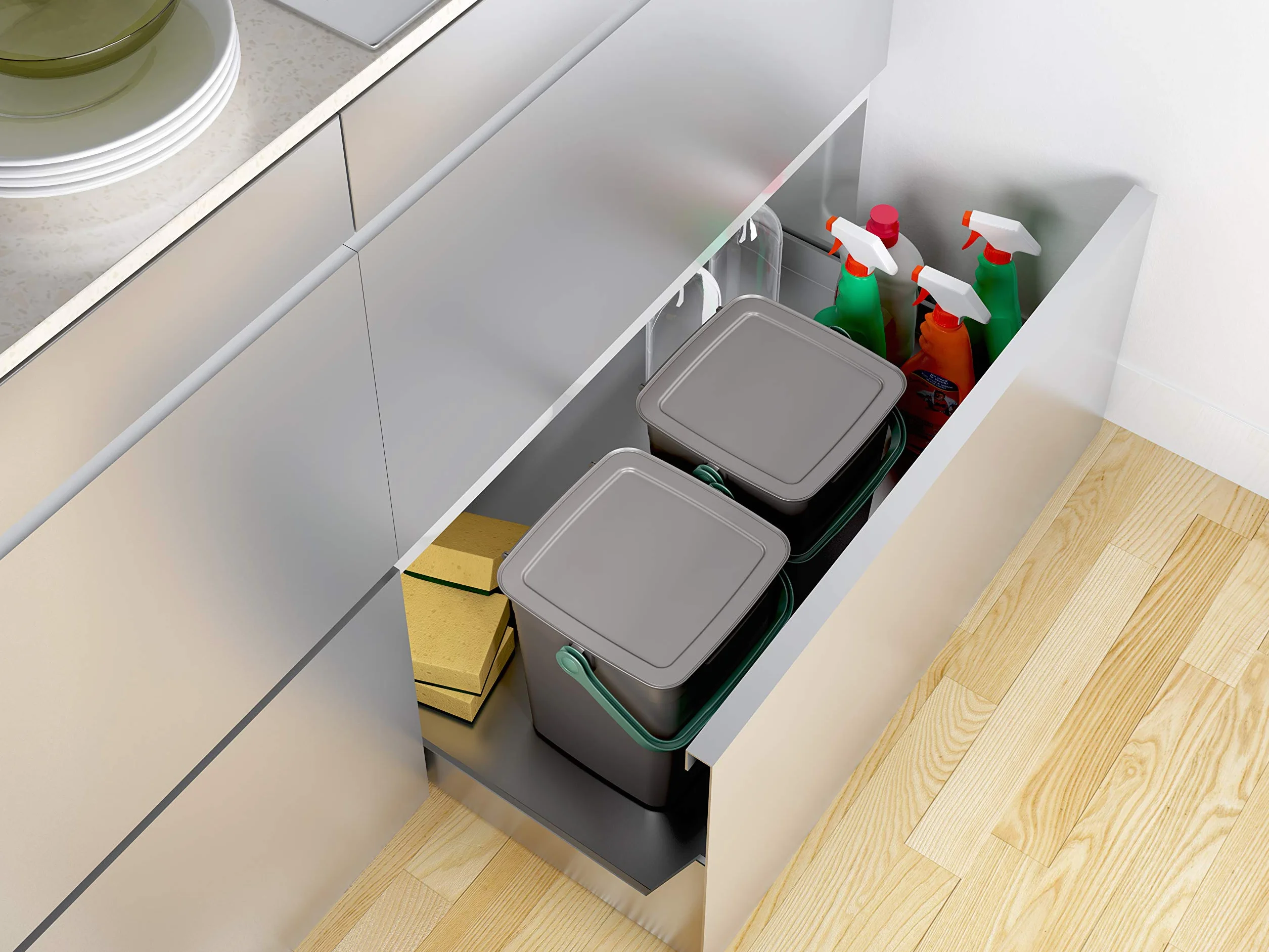 Keter Curver Smart Container Pattumiera da Cucina Sottolavello Antiodore Grigia 25,5x23x25H cm