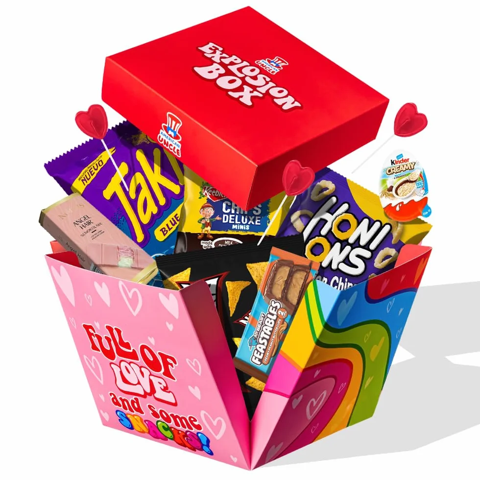 American Uncle Explosion box - Idea Regalo san valentino per lui o per lei, fidanzato o fidanzata, regalo anniversario - box snack internazionali da 15 prodotti