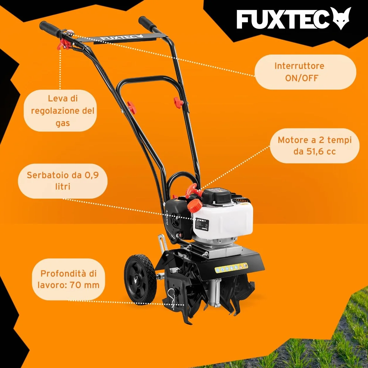 FUXTEC Motozappa a Scoppio FX-AF152 – Potente fresatrice a benzina con motore 2 tempi, larghezza di lavoro 23 cm, cilindrata 51,6 cc, 2 frese da 70 mm, peso netto 14 kg
