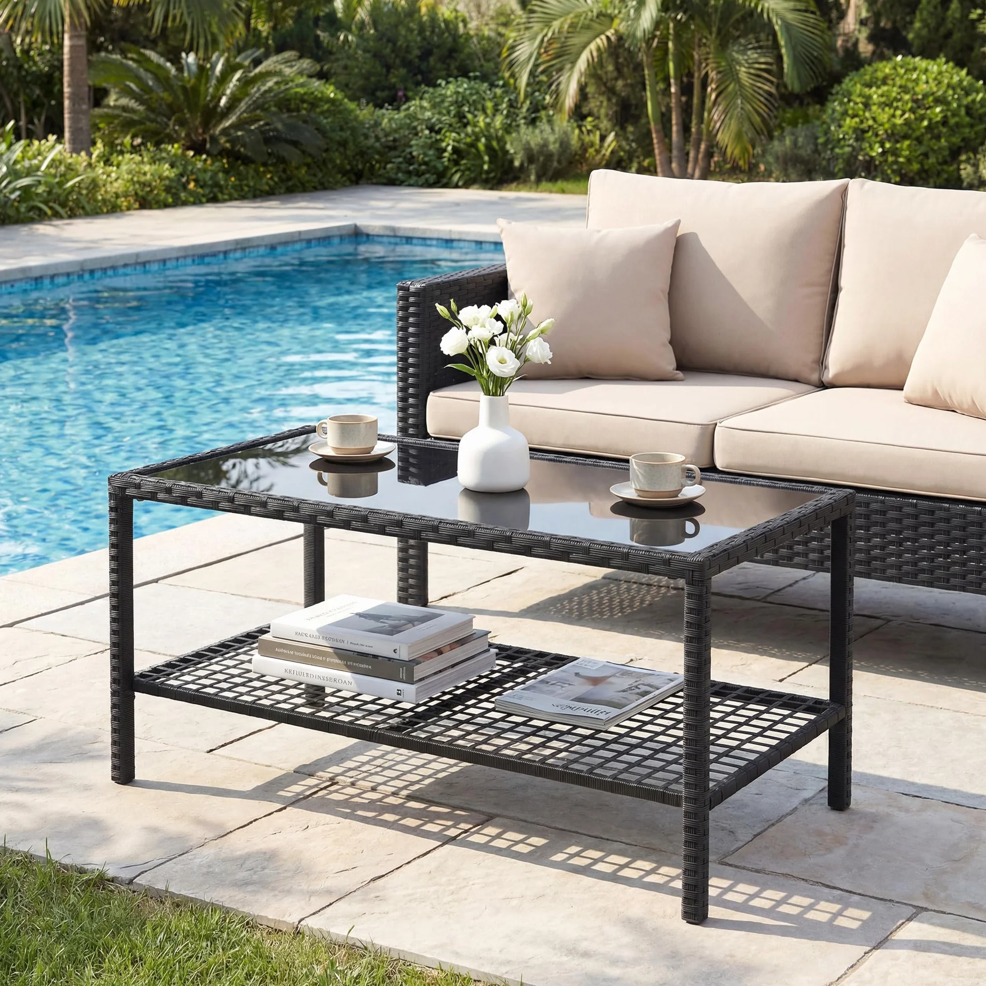 Outsunny Tavolino da Caffè in Rattan a 2 livelli con Ripiano, Piano in Vetro Temperato, Tavolino da Esterno con Struttura in Acciaio, 92x50x45 cm, Nero