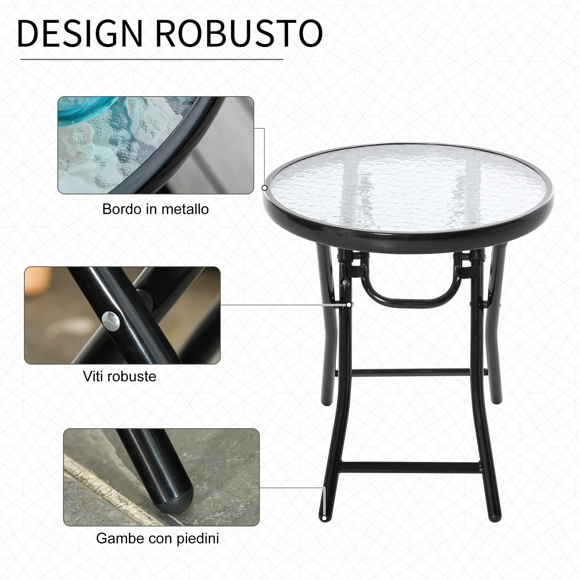 Outsunny Tavolo da Giardino Pieghevole in Metallo con Ripiano in Vetro e Blocco di Sicurezza, Φ45x50cm Nero