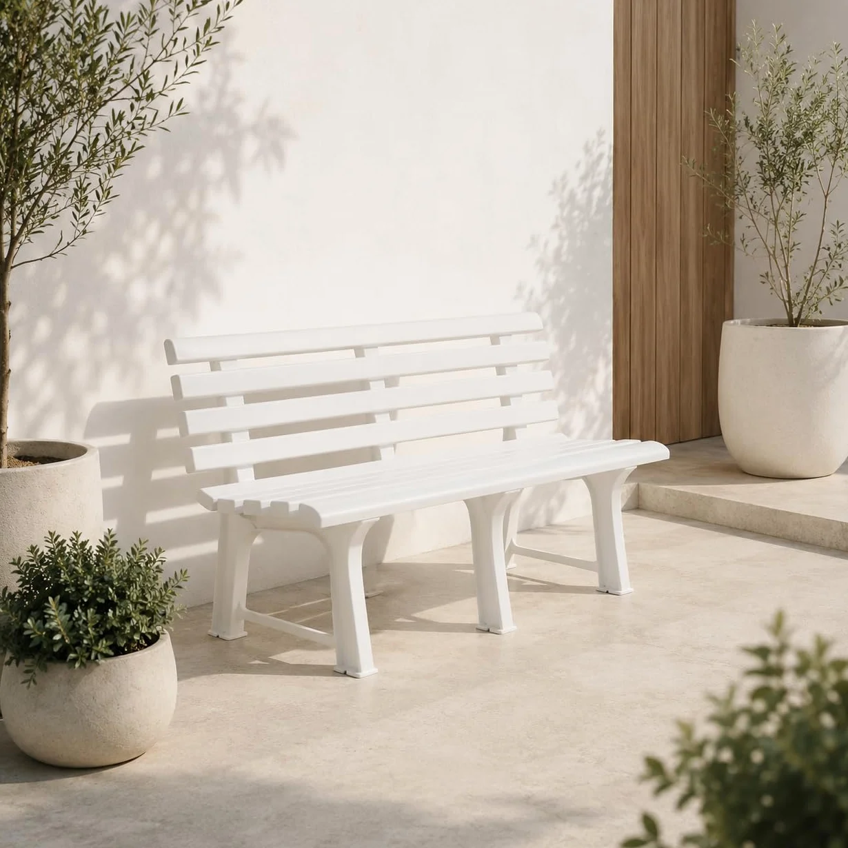 Panchina da Giardino in Resina 145X49X74h CM - da Esterno, Resistente, 3 posti, Balcone, Terrazzo, Locali, Schienale, con Poggioli, Facile da Pulire - Colore Bianco