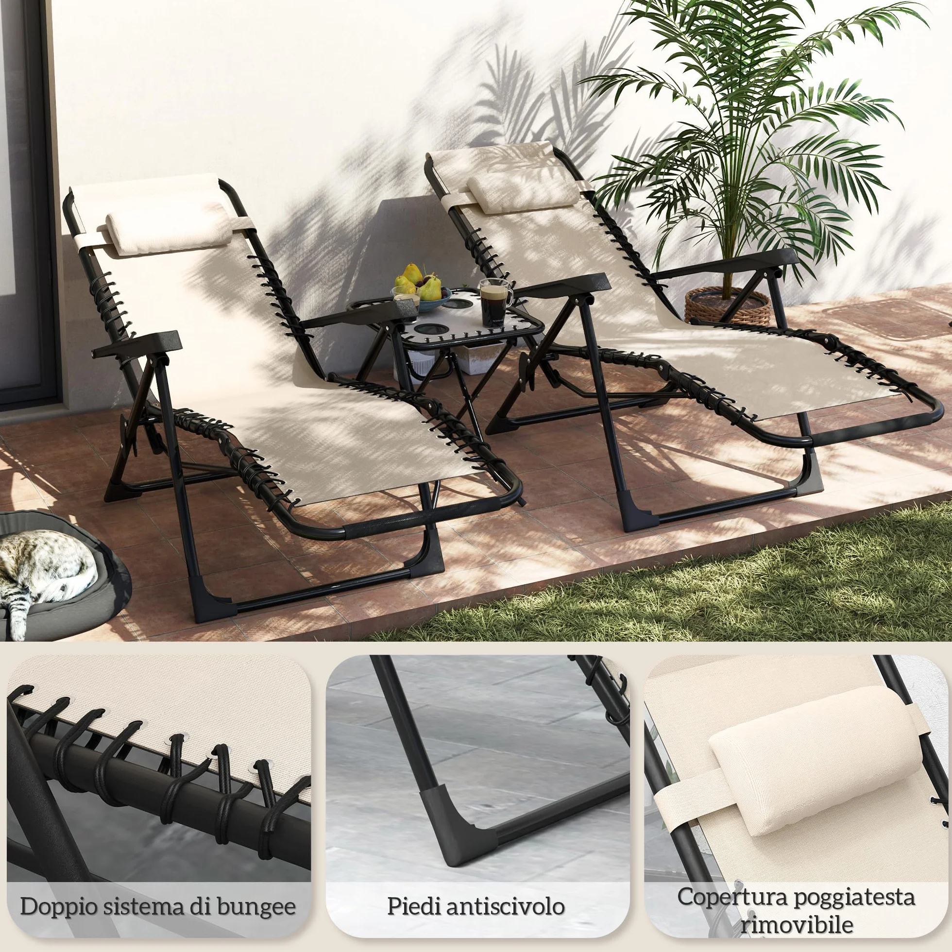 Outsunny Set di 2 Sedie Sdraio da Giardino Zero Gravity e Tavolino con Portabicchieri, Set Sedie Pieghevoli con Poggiatesta e Tessuto Traspirante, Schienale Regolabile a 5 livelli, Beige