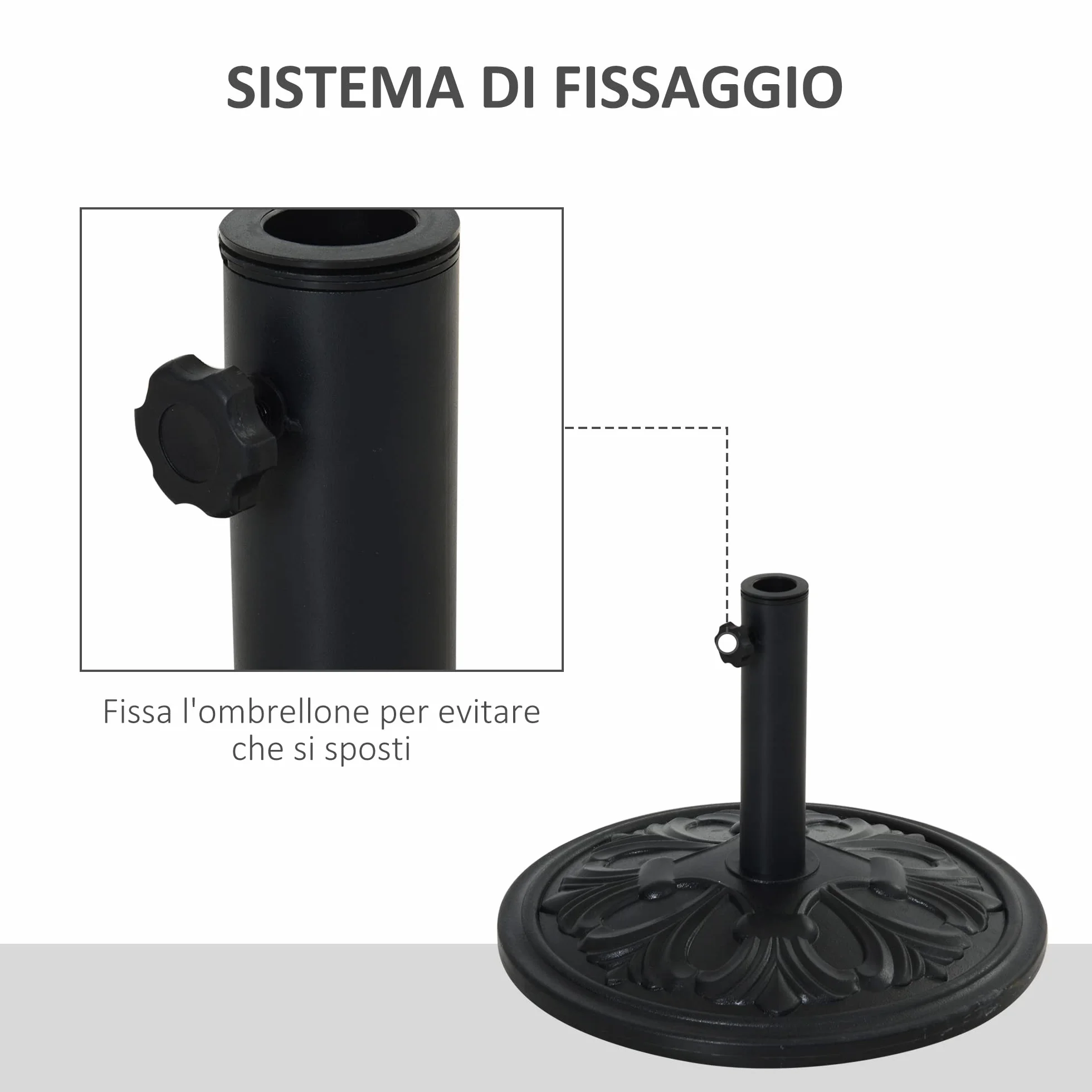 Outsunny Base per Ombrellone Rotonda in HDPE con Disegno Floreale, Base Ombrellone da 13kg con Supporto per Pali da 35-38-48mm, Nero