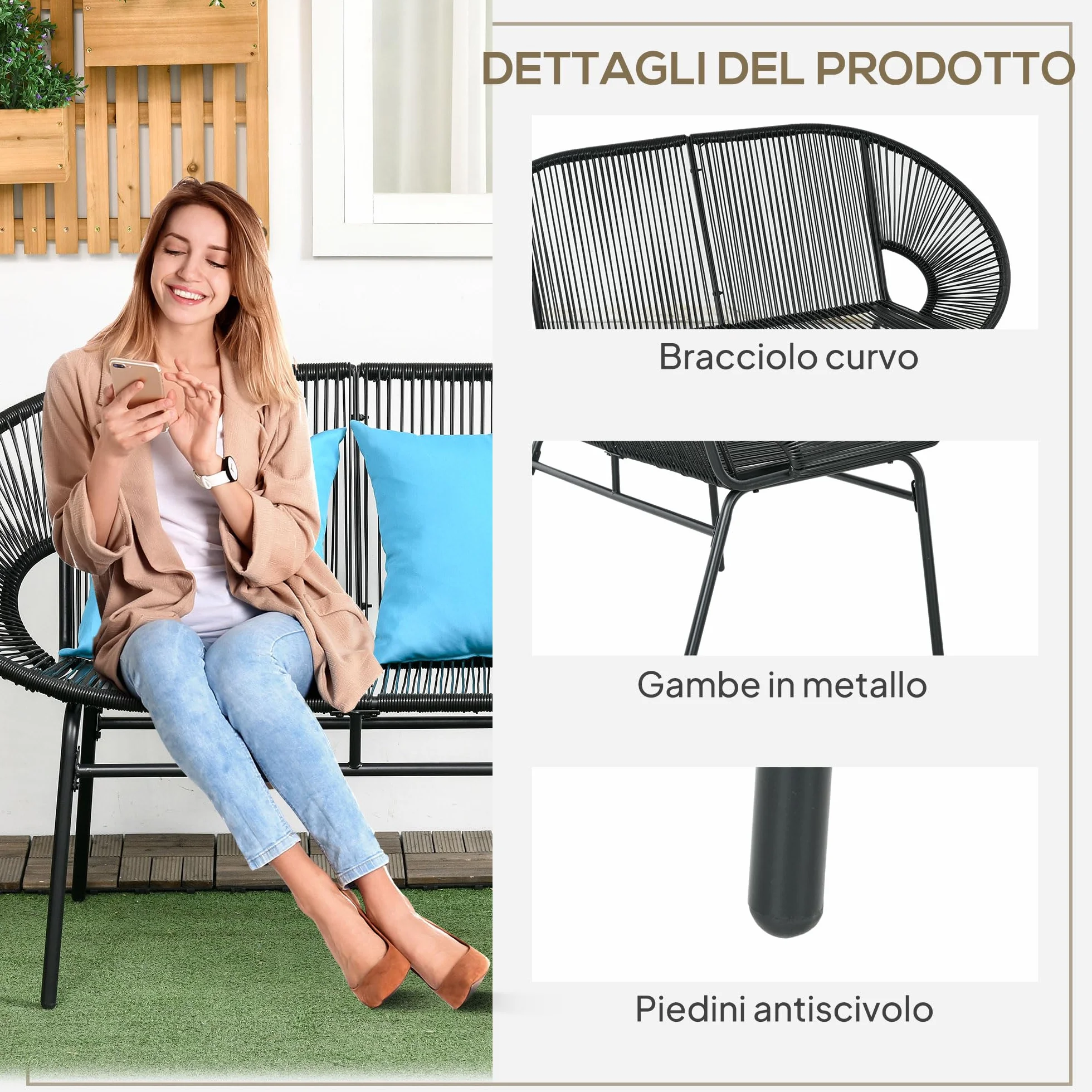 Outsunny Divano da Giardino 2 Posti in Rattan PE, Divanetto da Esterno con Cuscini, Braccioli e Telaio in Acciaio, Panchina da Esterno, per Terrazza e Cortile, 132x72x83 cm, Nero