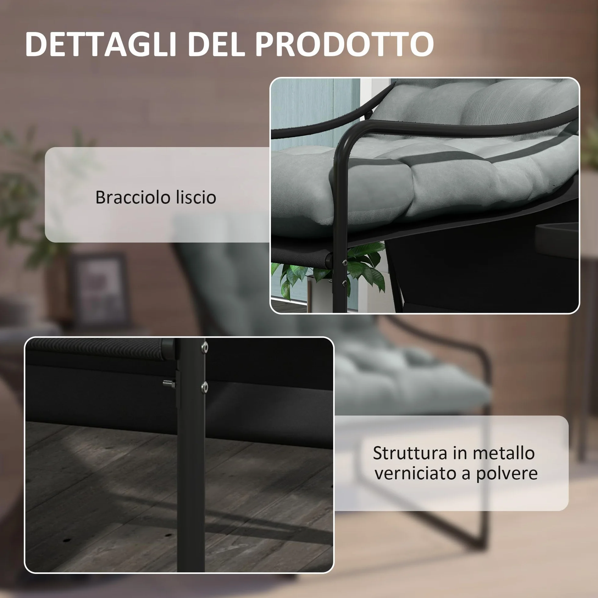 Outsunny Poltrona da Giardino con Cuscino Imbottito in Cotone PP, Poltroncina per Esterno in Acciaio e Poliestere, 62x110x88 cm, Grigia e Nera