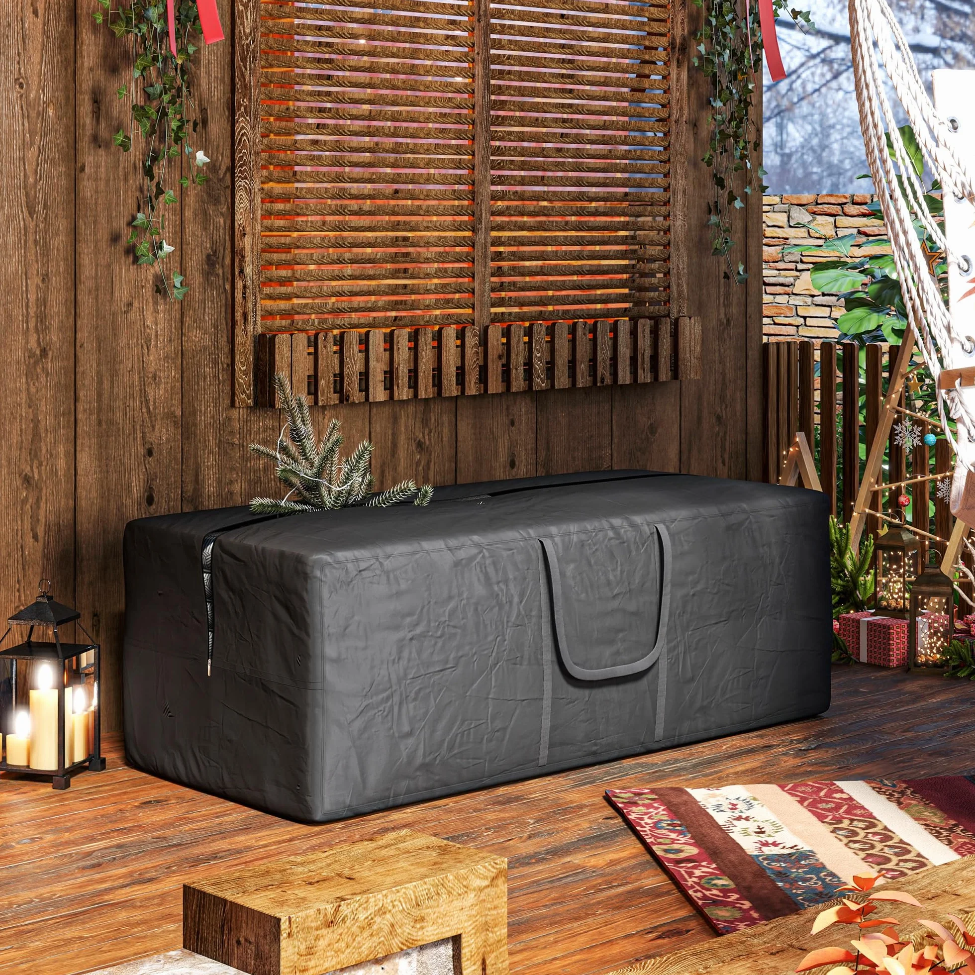 Outsunny Borsa per Cuscini da Giardino, Borsa per Albero di Natale da 840L Impermeabile, Custodia Portaoggetti da Giardino Pieghevole in Tessuto Oxford 600D con Doppia Cerniera e Maniglie, Nero