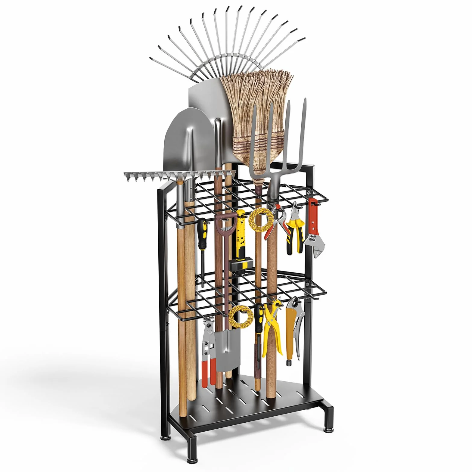 Porta Attrezzi da Giardino,Organizer per Attrezzi da Giardino,Supporto Metallo con 3 Livelli e Ruote, Conservazioneper Fino a 35 Attrezzi/Scope/Rastrelli a ManicoLungo