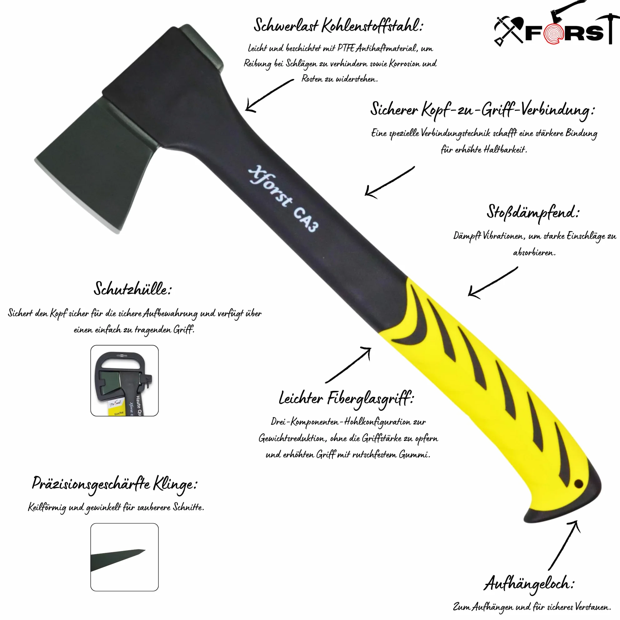 Ascia da Taglio in Acciaio al Carbonio 36 cm con Manico in Fibra di Vetro e Affilatore in Ceramica Set CA3 MA1 per Campeggio Outdoor