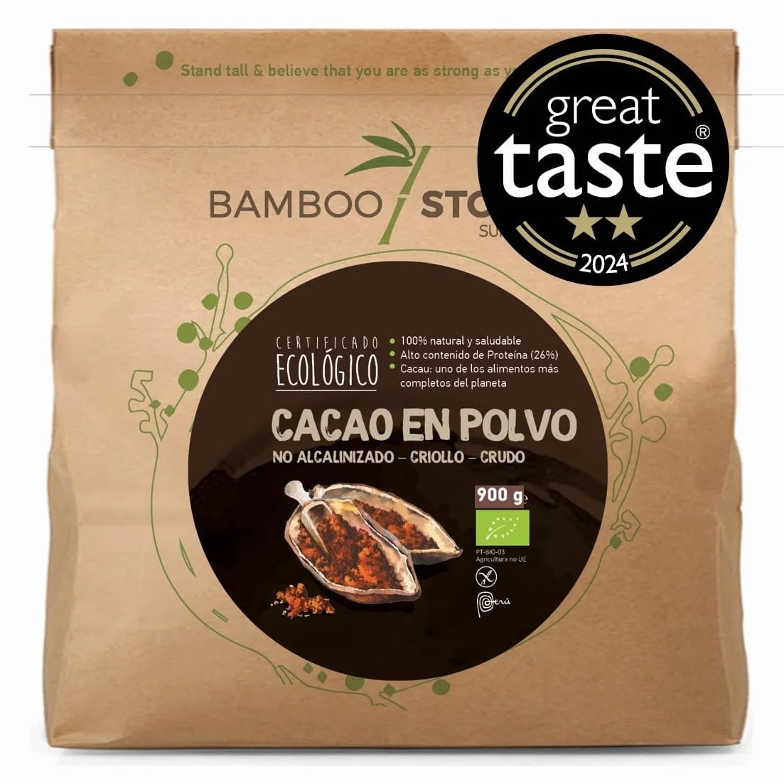 100% CRUDO | NUOVO | Cacao Polvere | BAMBOO STORY | Biologico | 100% Perù | Creolo Premium | Great Taste Award | Non Alcalinizzato | 900g | Puro | Senza Zucchero | Grasso 18%