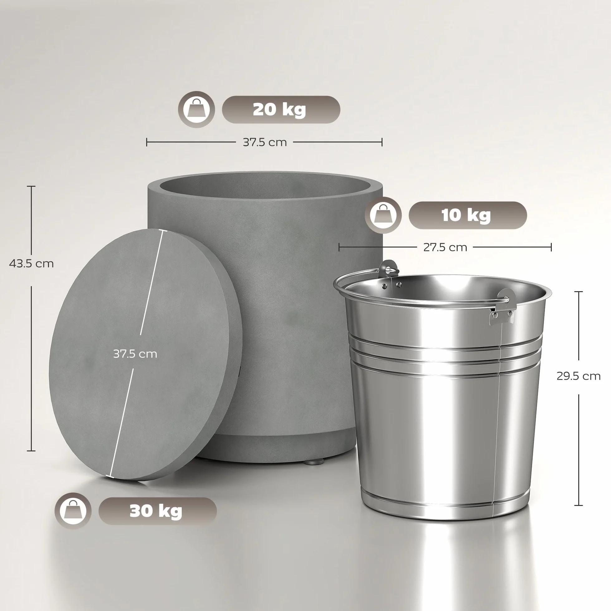 HOMCOM Tavolino Multiuso 3 in 1 con Secchiello Ghiaccio Rimovibile da 10 L e Coperchio, Tavolino da Esterno in Acciaio Inox e Cemento, Ø37.5x43.5 cm, Grigio Chiaro