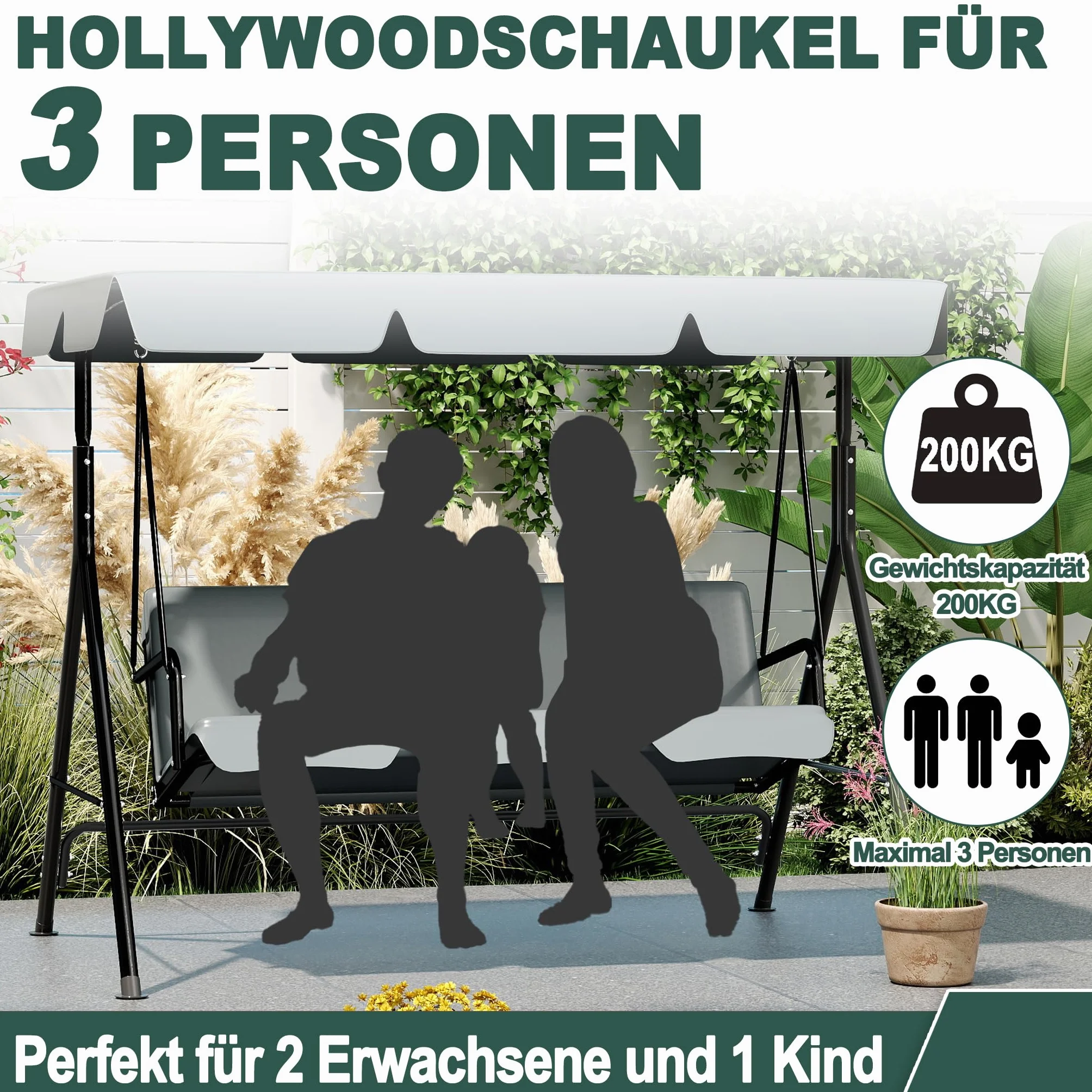 UISEBRT Dondolo Hollywood a 3 posti, con tettuccio parasole regolabile, portata fino a 200 kg, resistente alle intemperie, per esterni e interni, 176 x 110 x 152 cm, antracite